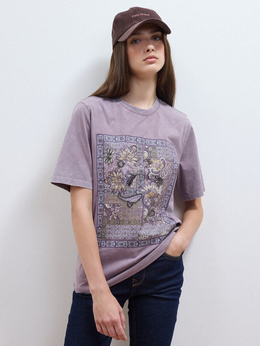 Purple pure cotton T-shirt with floral print, relaxed fit_0