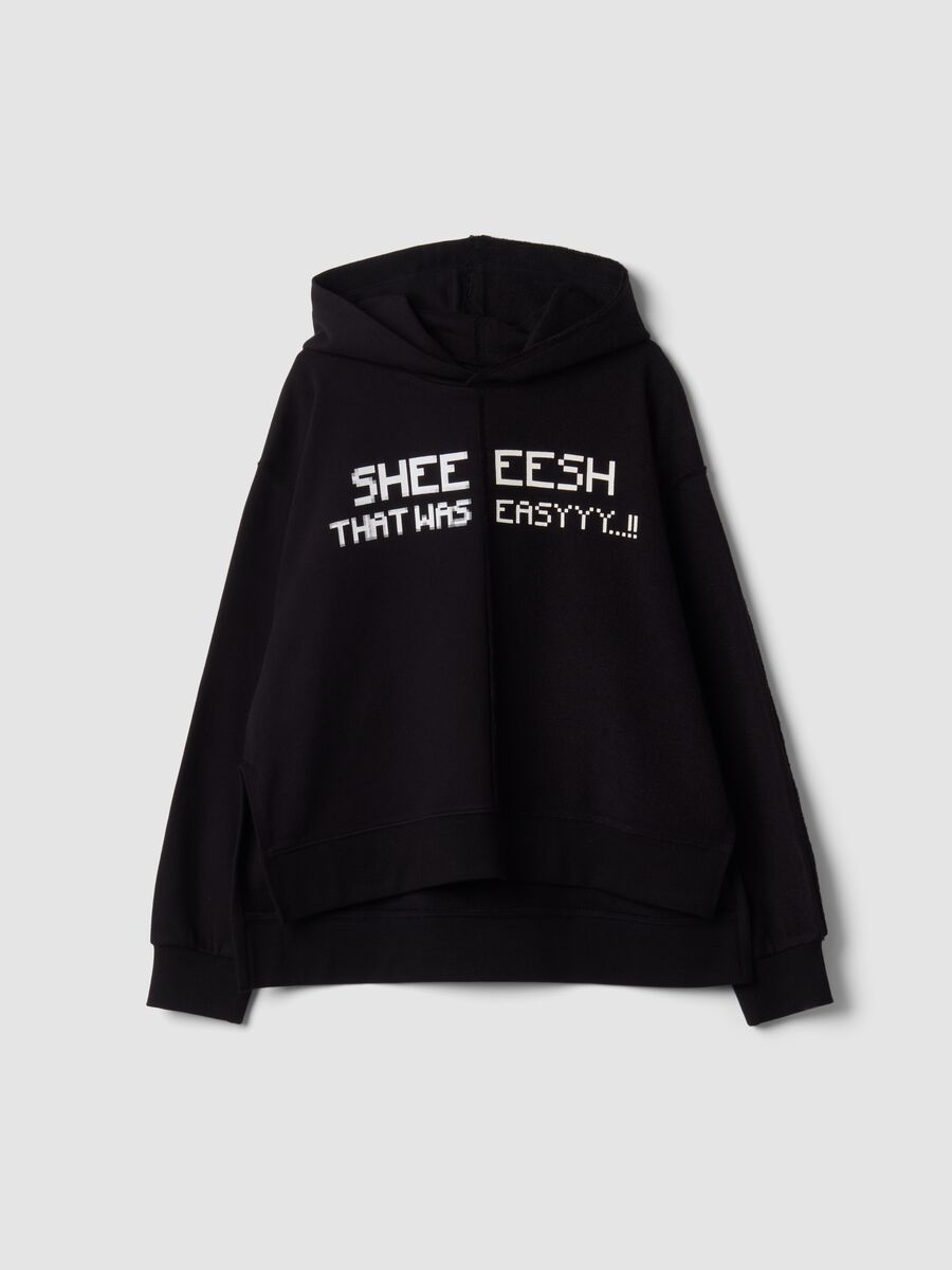 Felpa nera in puro cotone con cappuccio relaxed fit con scritte_0