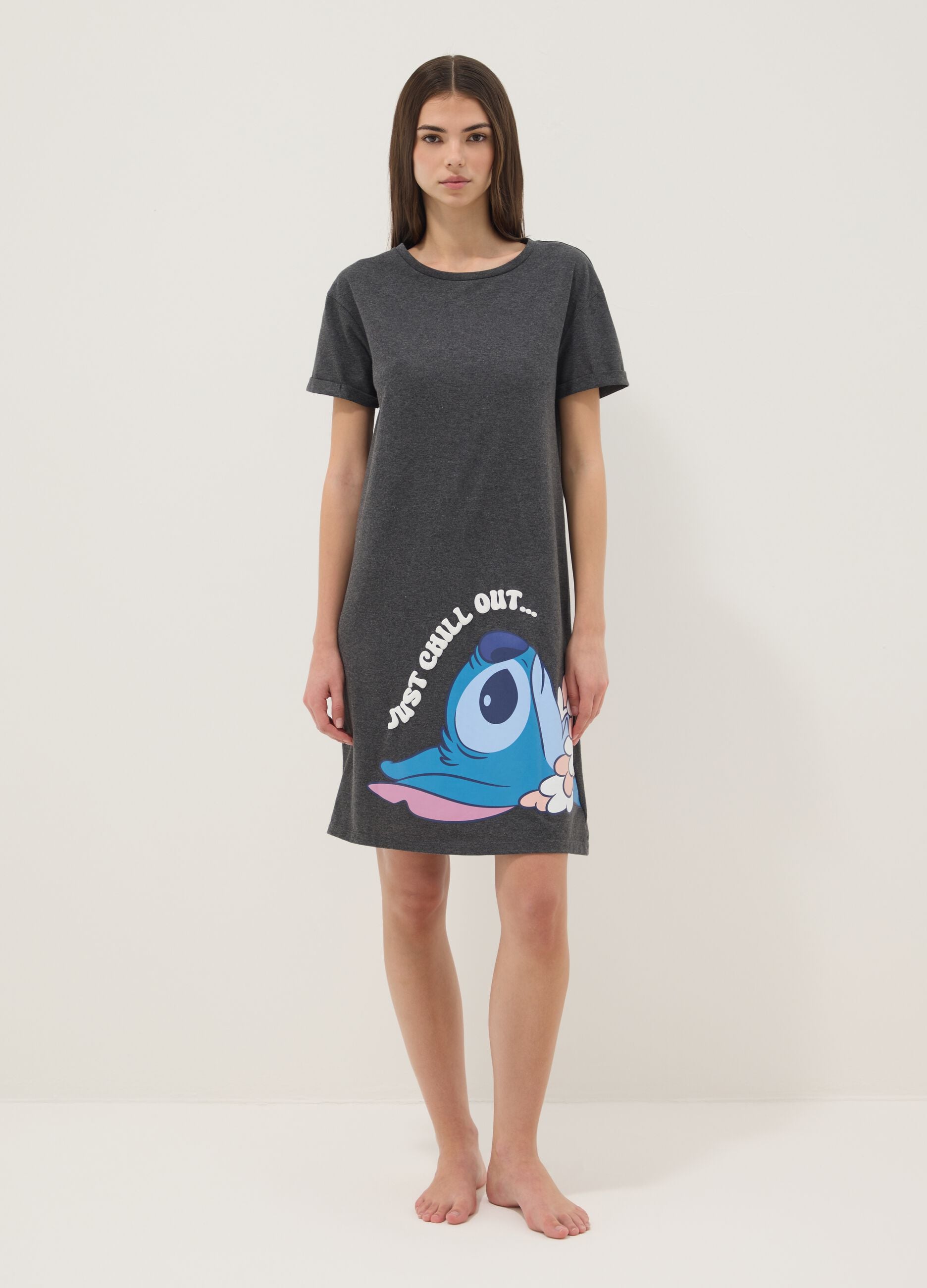 Camicia da notte grigia in puro cotone con stampa Stitch