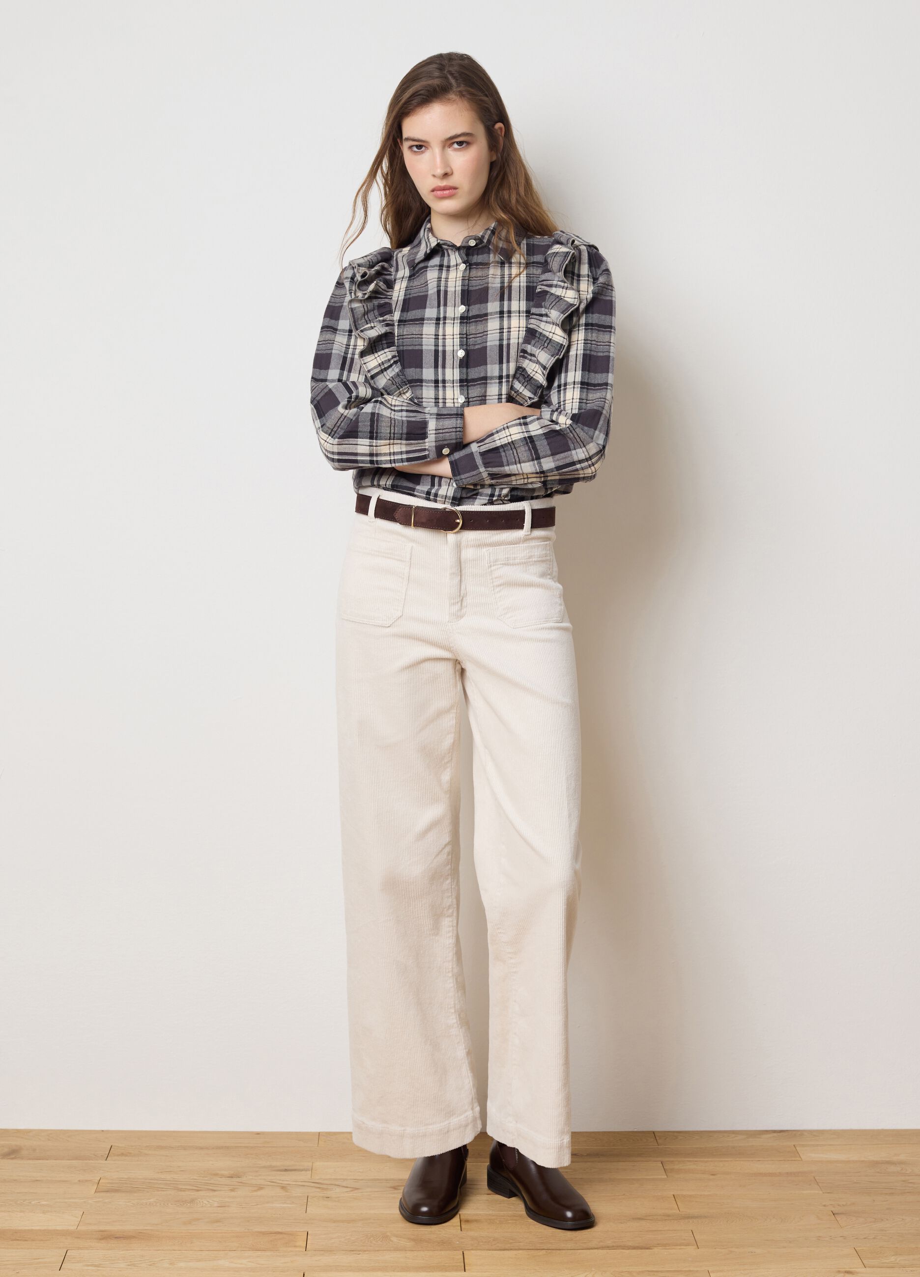 Beige stretch cotton straight fit trousers