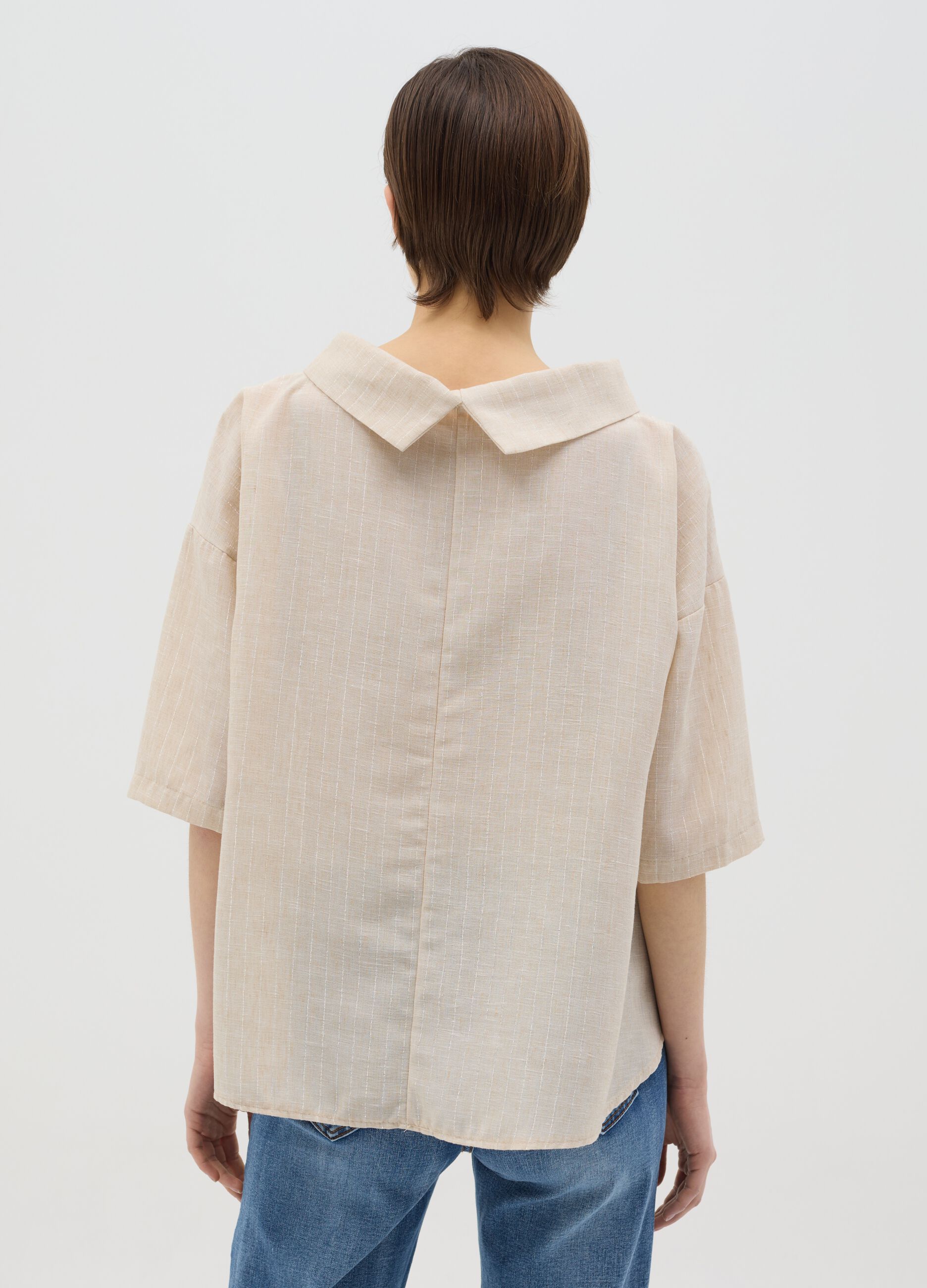Beige pinstriped top in lurex with cowl neck