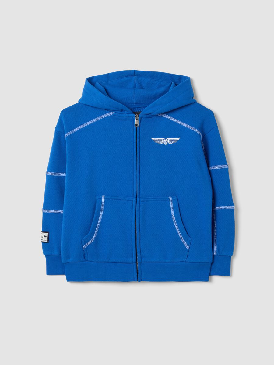 Felpa blu con cappuccio in puro cotone over fit con ricamo sul petto_0