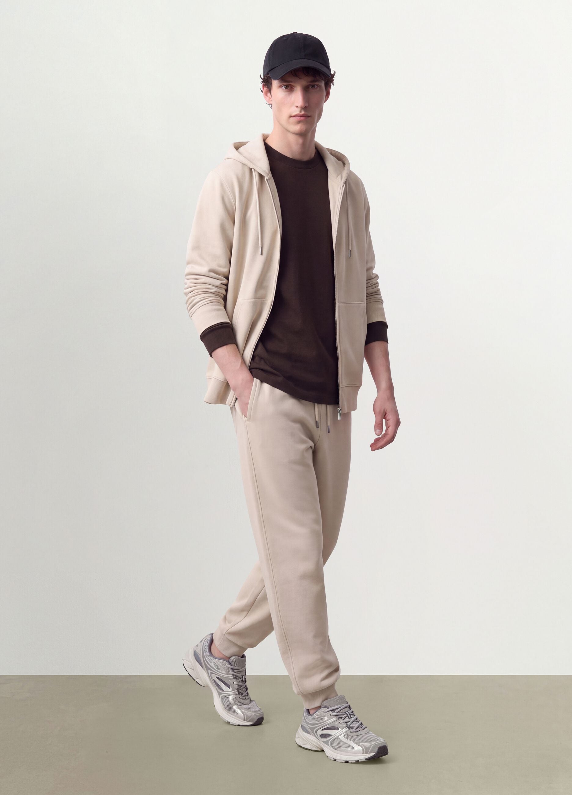 Beige full-zip cotton-blend hoodie, regular fit