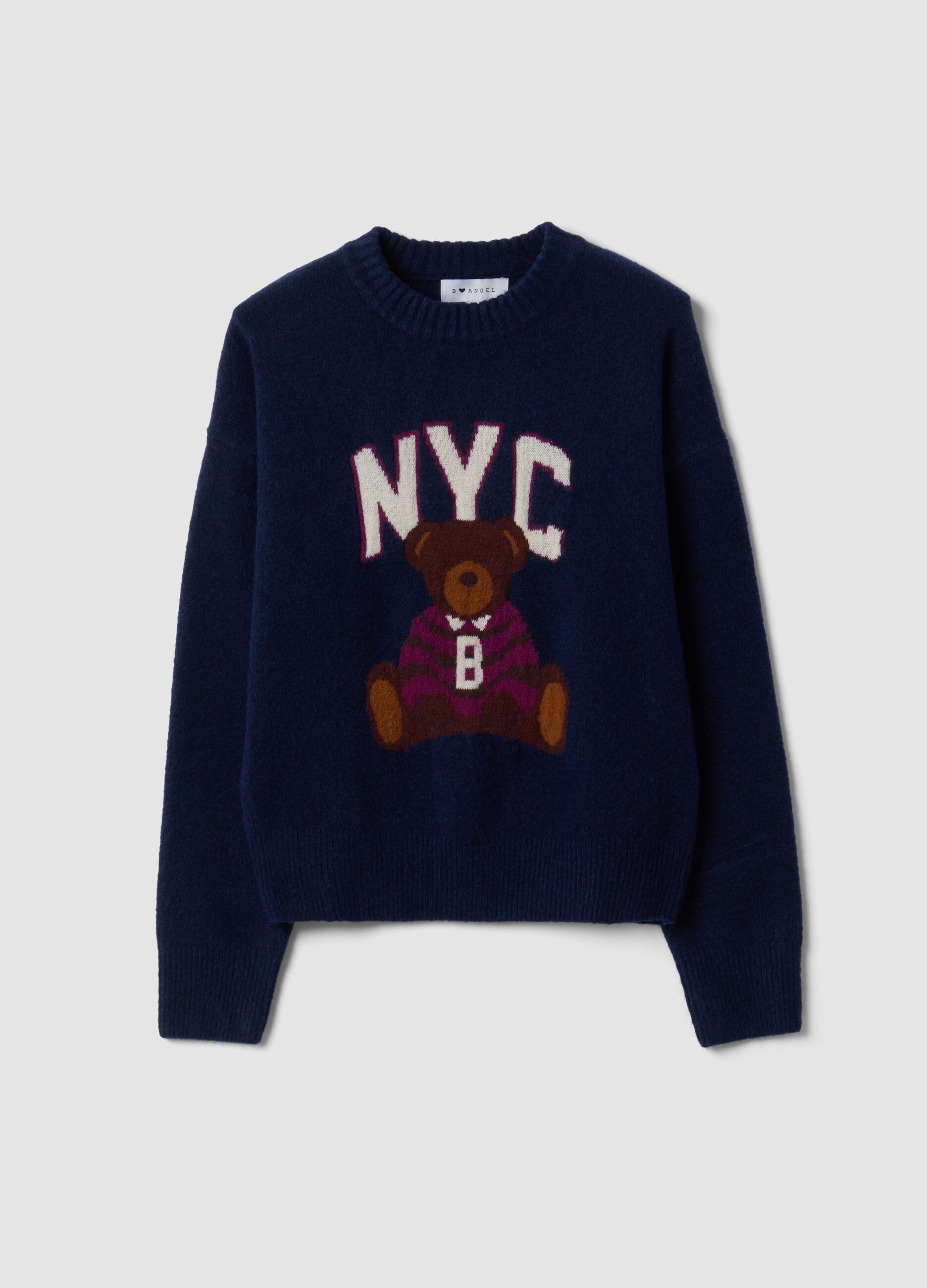 Blue stretch viscose jacquard crew-neck jumper