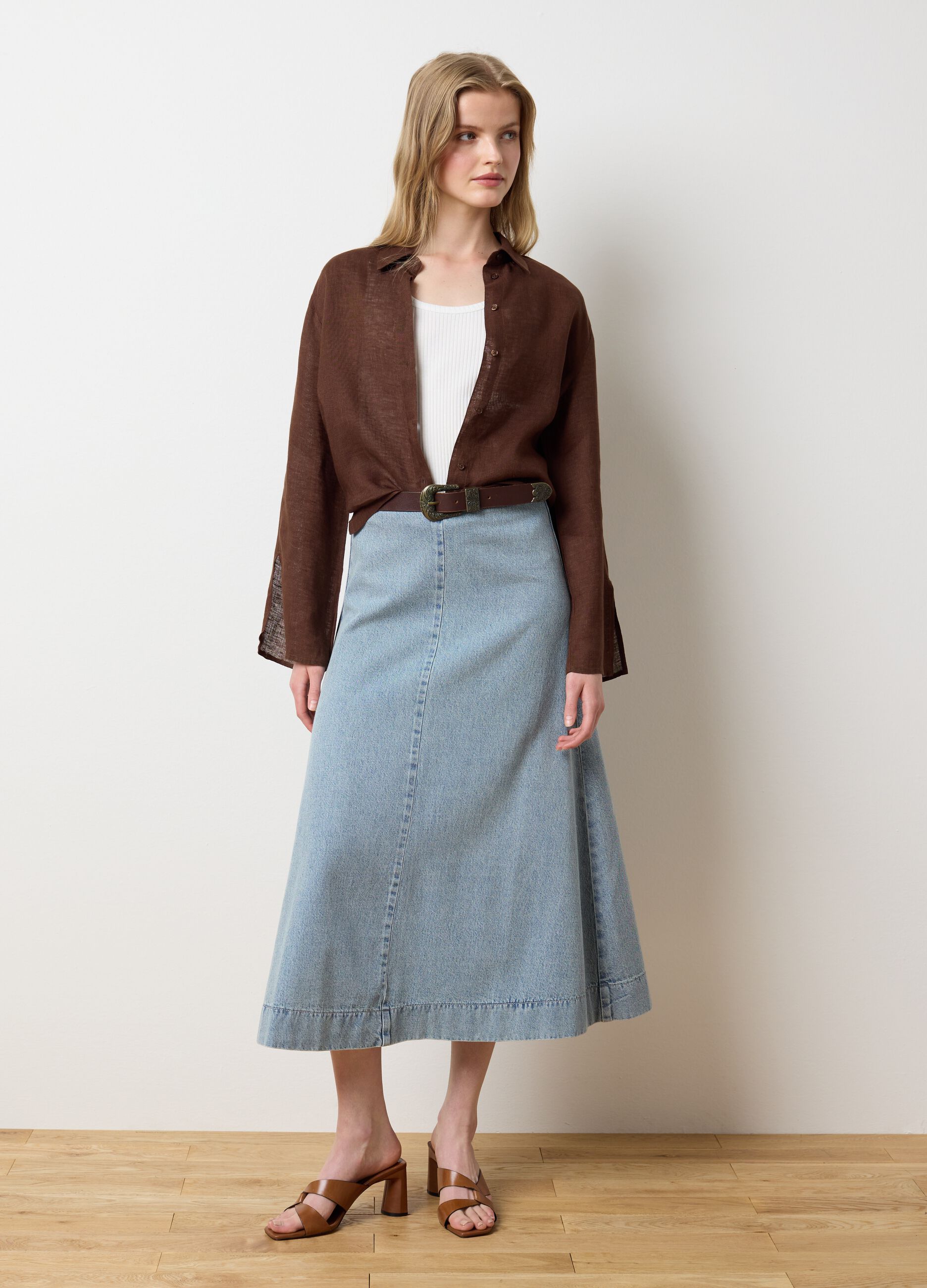 Women's long brown linen oversized shirt