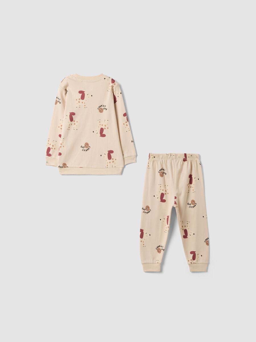 Pigiama beige in puro cotone organico con girocollo e fantasia per neonato_1
