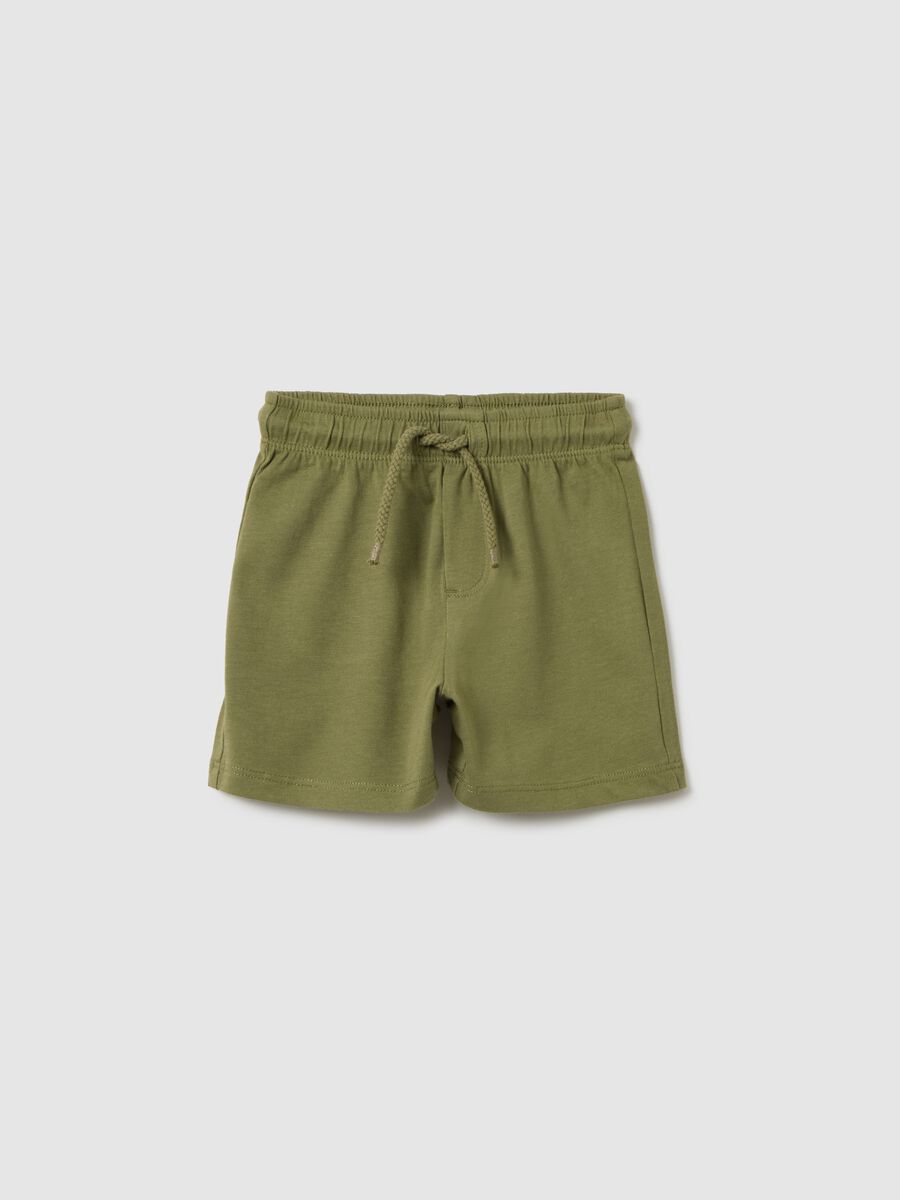 Children's green pure cotton regular fit shorts with drawstring waist_0