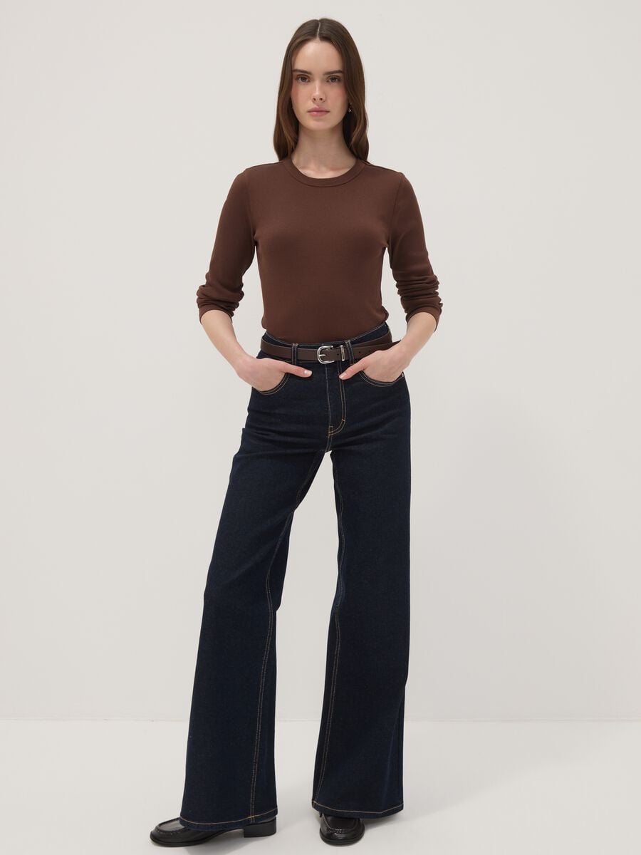 T-shirt marrone a maniche lunghe in puro cotone_1