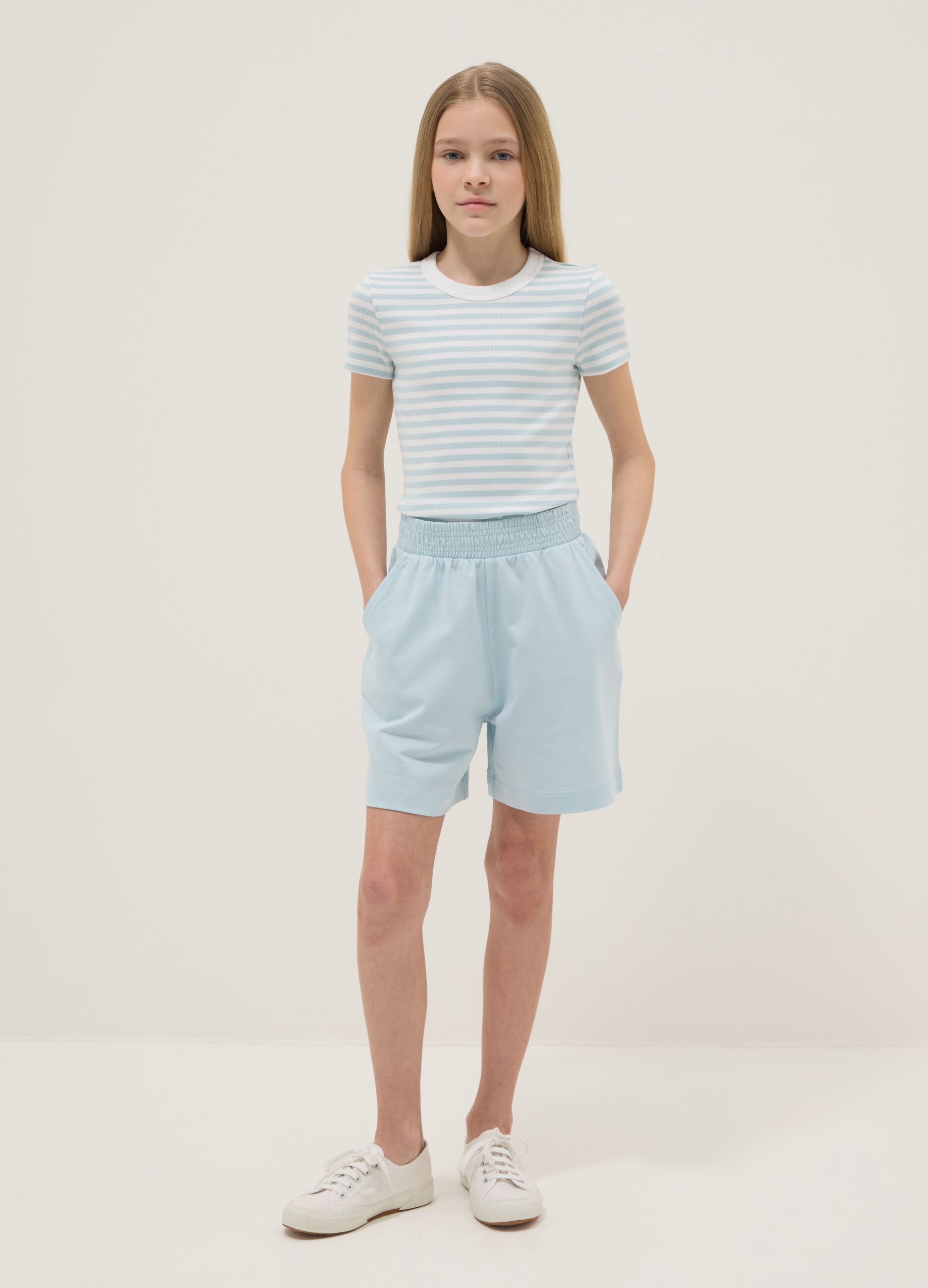 Girls' blue pure cotton oversized fit shorts