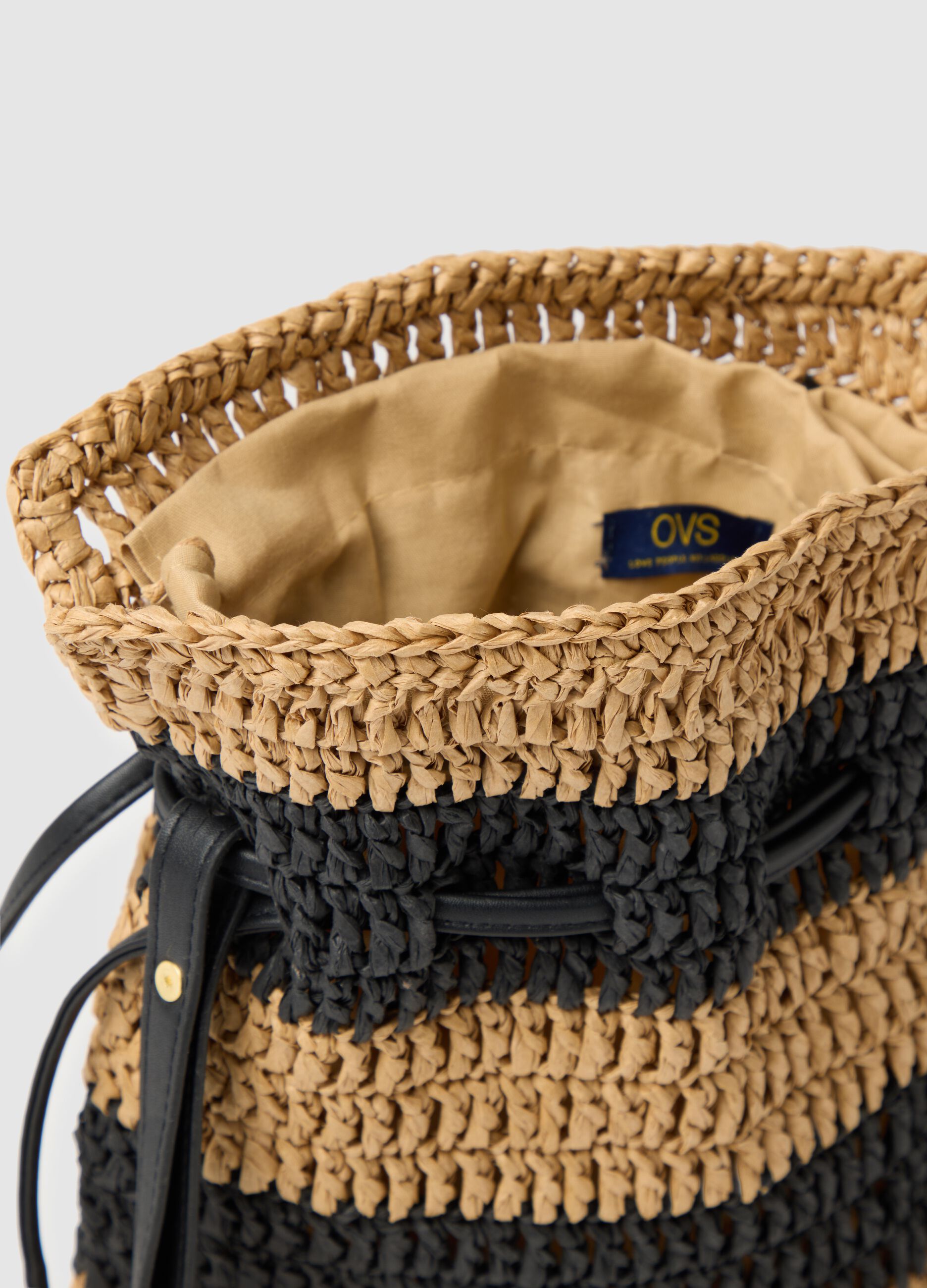 Women's multicolour woven raffia bucket backpack