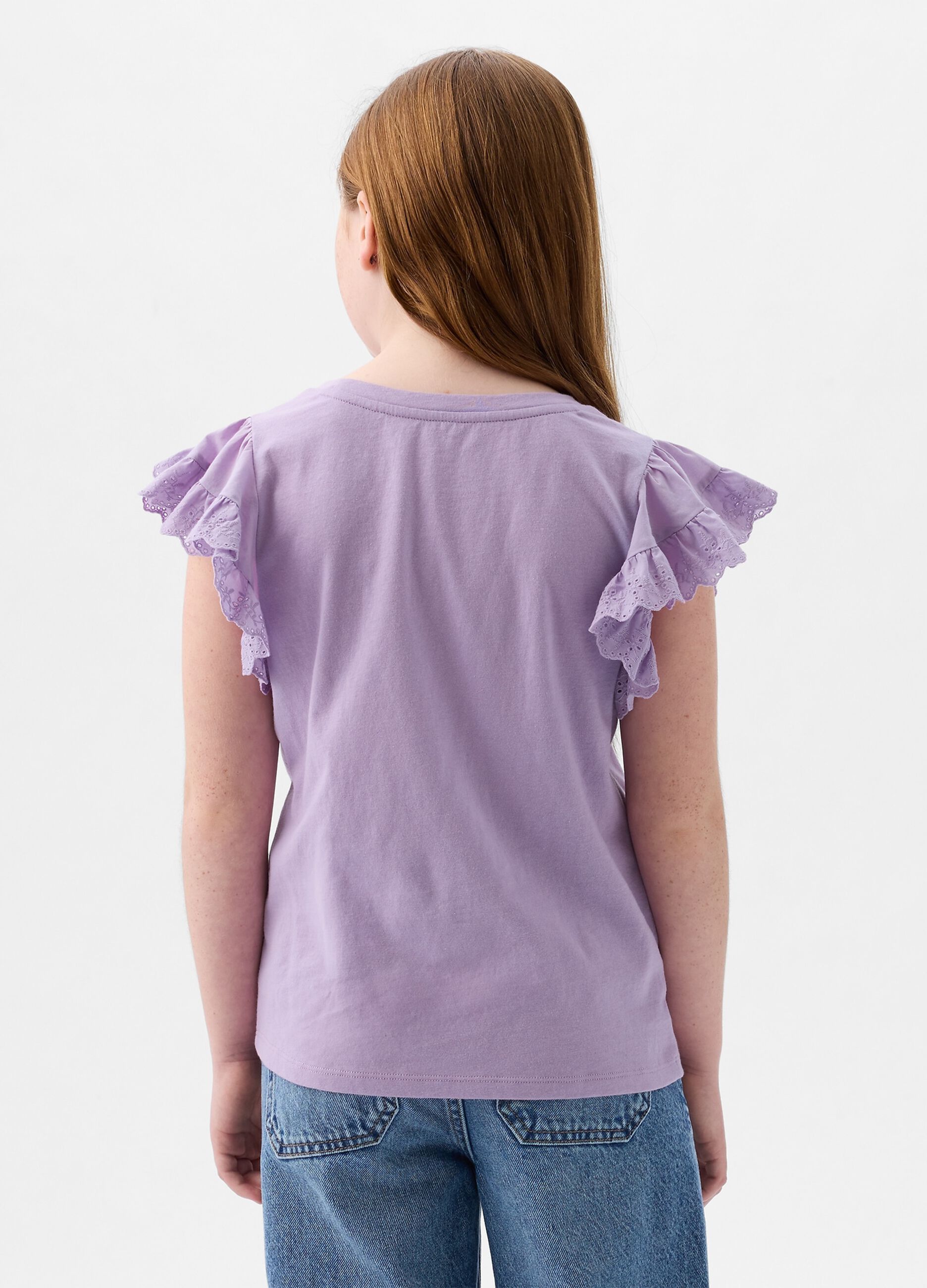T-shirt in cotone con volant sangallo