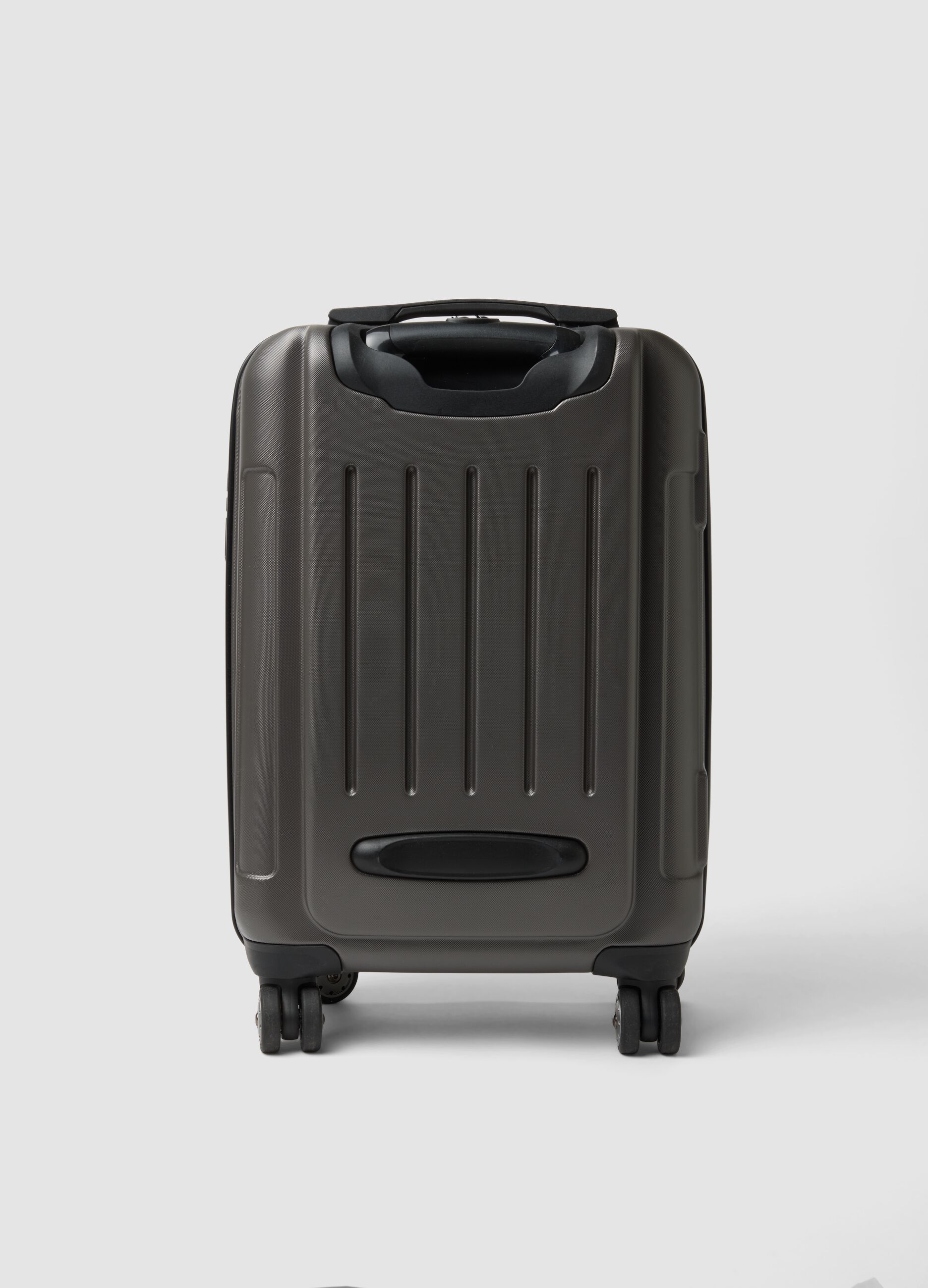Grey hard-shell travel trolley suitcase with wheels