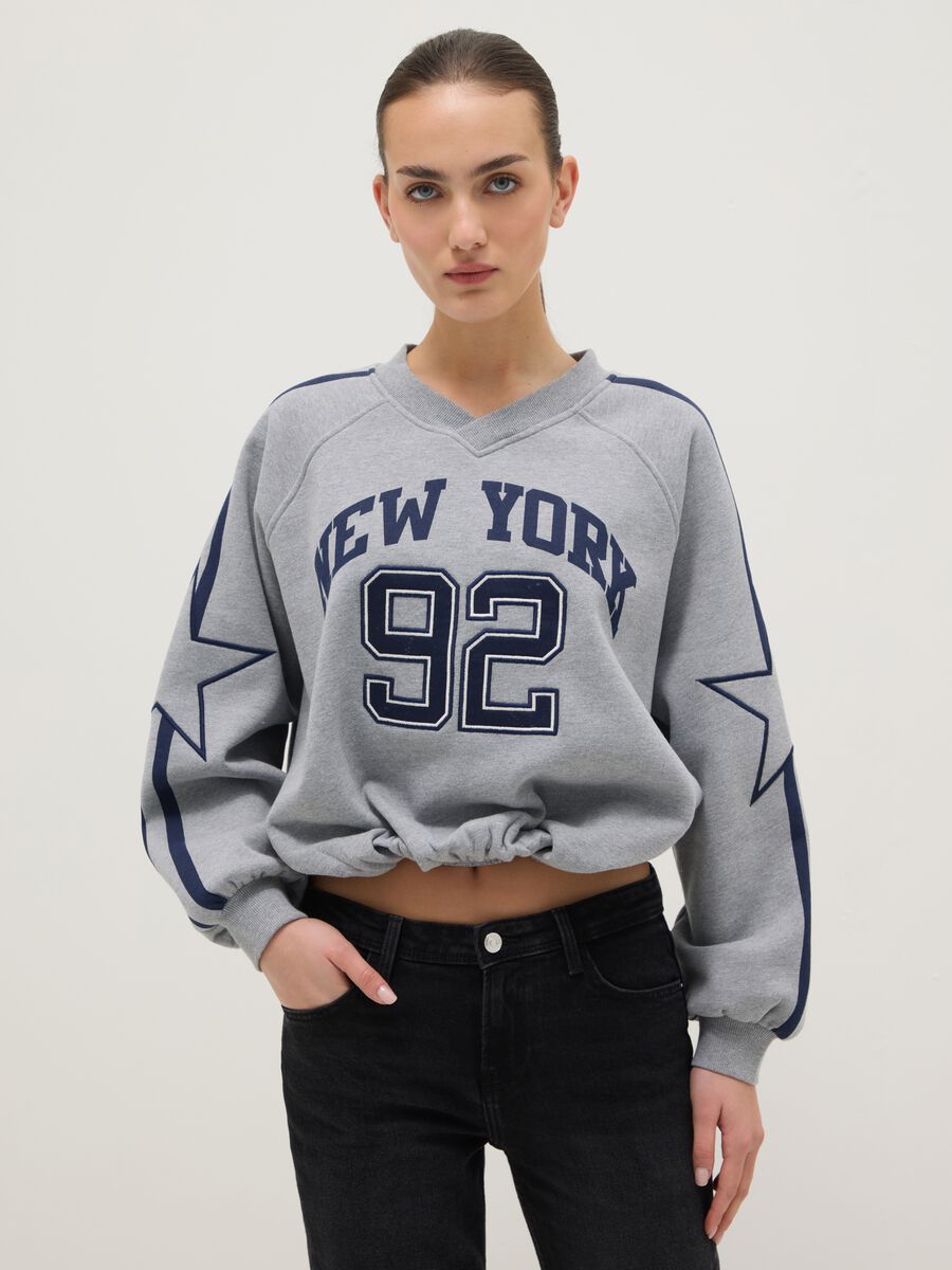 Grey oversized cotton blend sweatshirt with V-neck and print_0