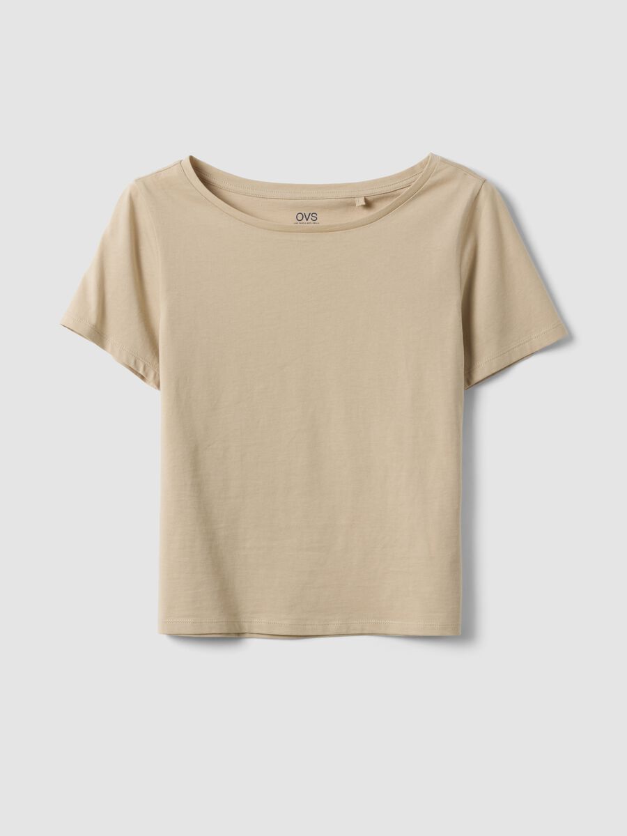 T-shirt beige a maniche corte in puro cotone_0