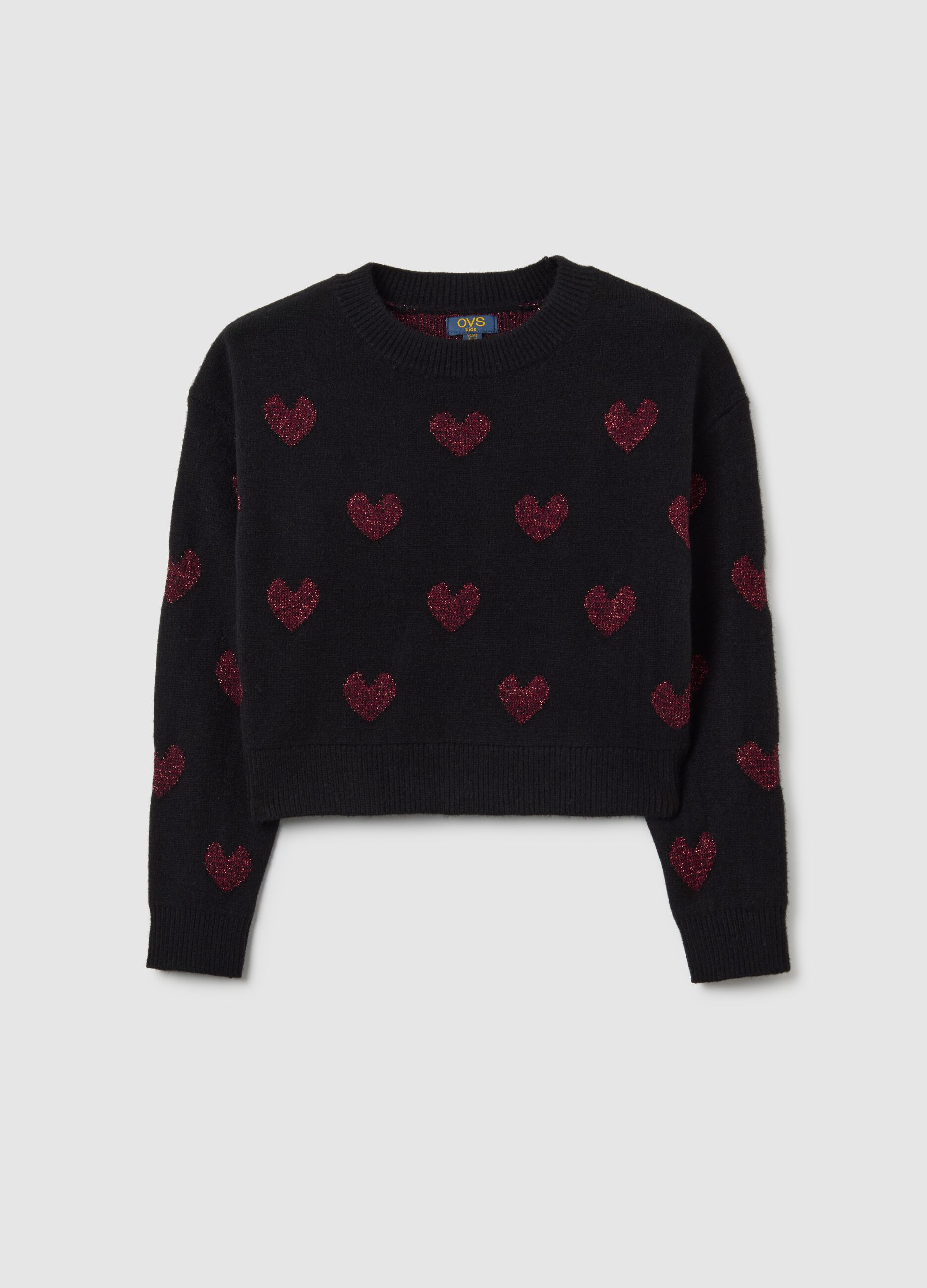 Girls' regular fit black sweater with decorative hearts
