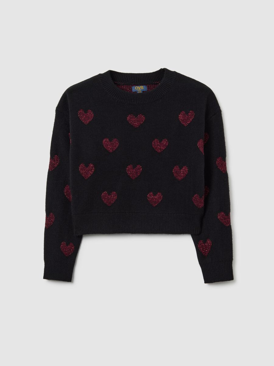 Girls' regular fit black sweater with decorative hearts_0