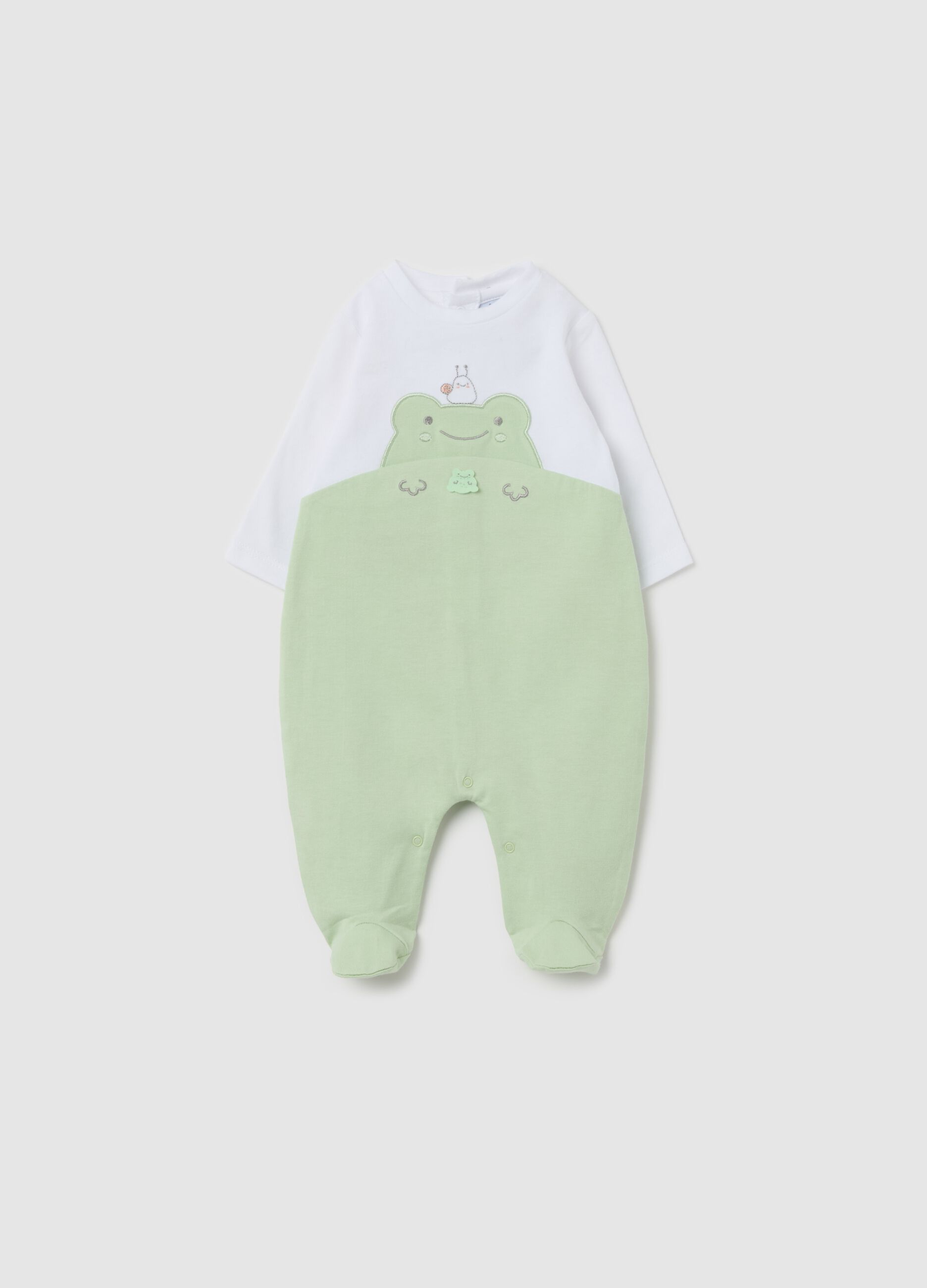 Cotton onesie with feet and frog embroidery