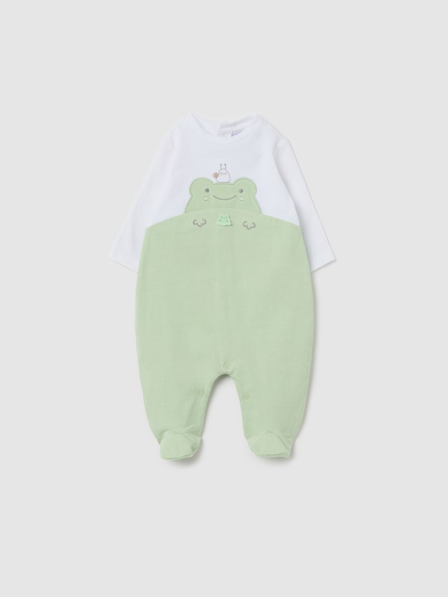 Cotton onesie with feet and frog embroidery_0