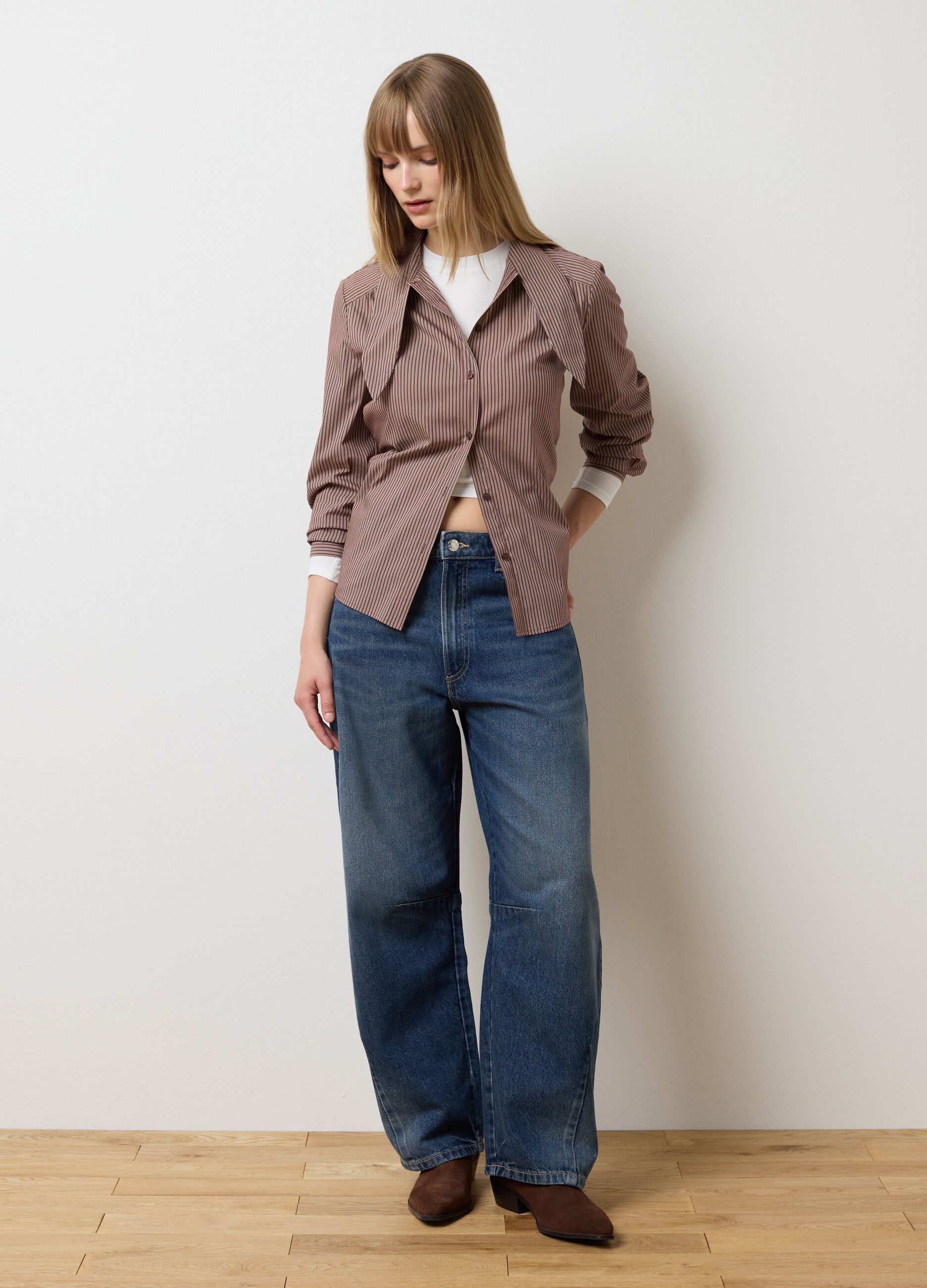 Brown striped cotton-blend shirt with oversized fit