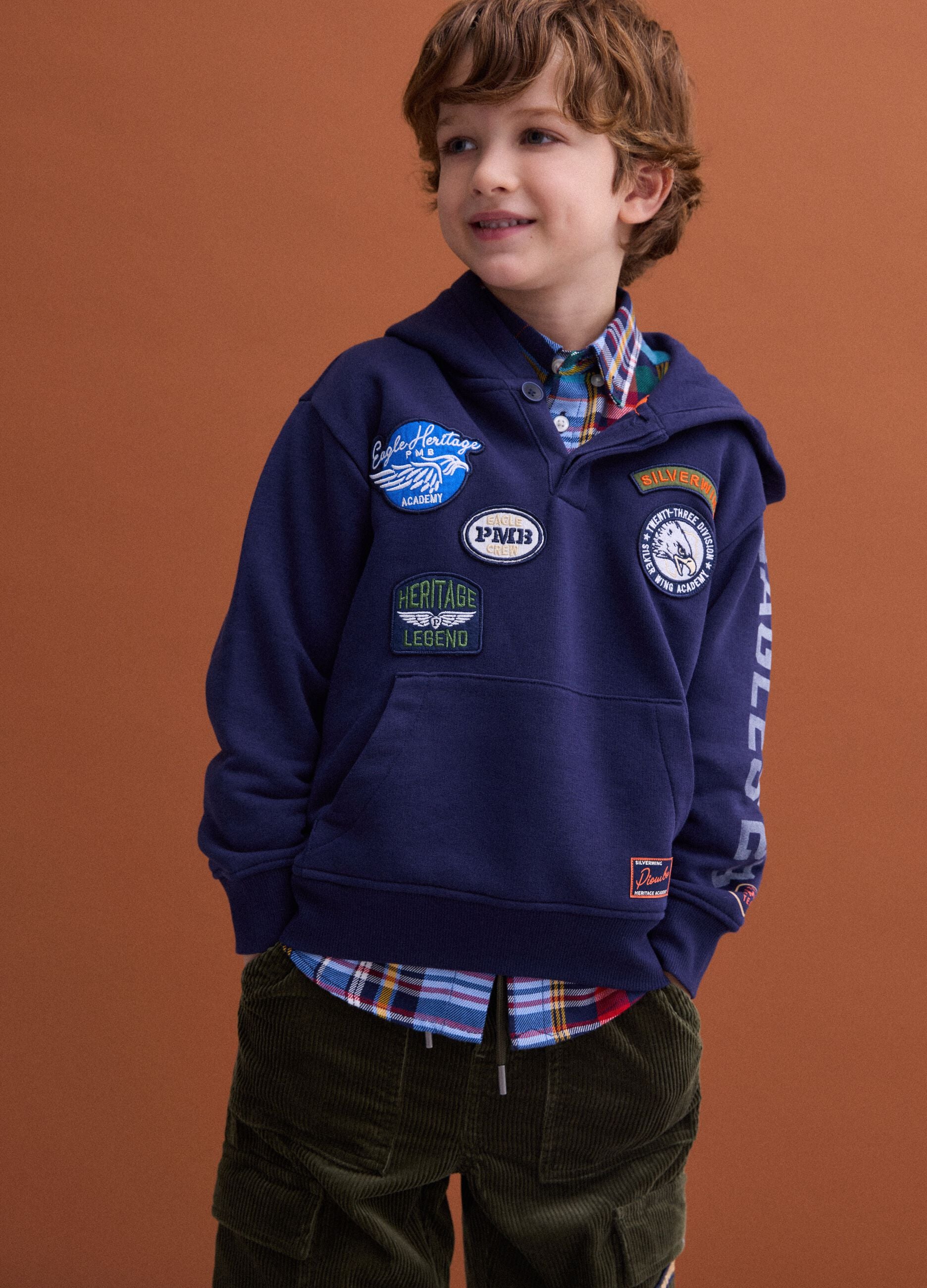 Navy blue hooded cotton-blend sweatshirt with crew neck
