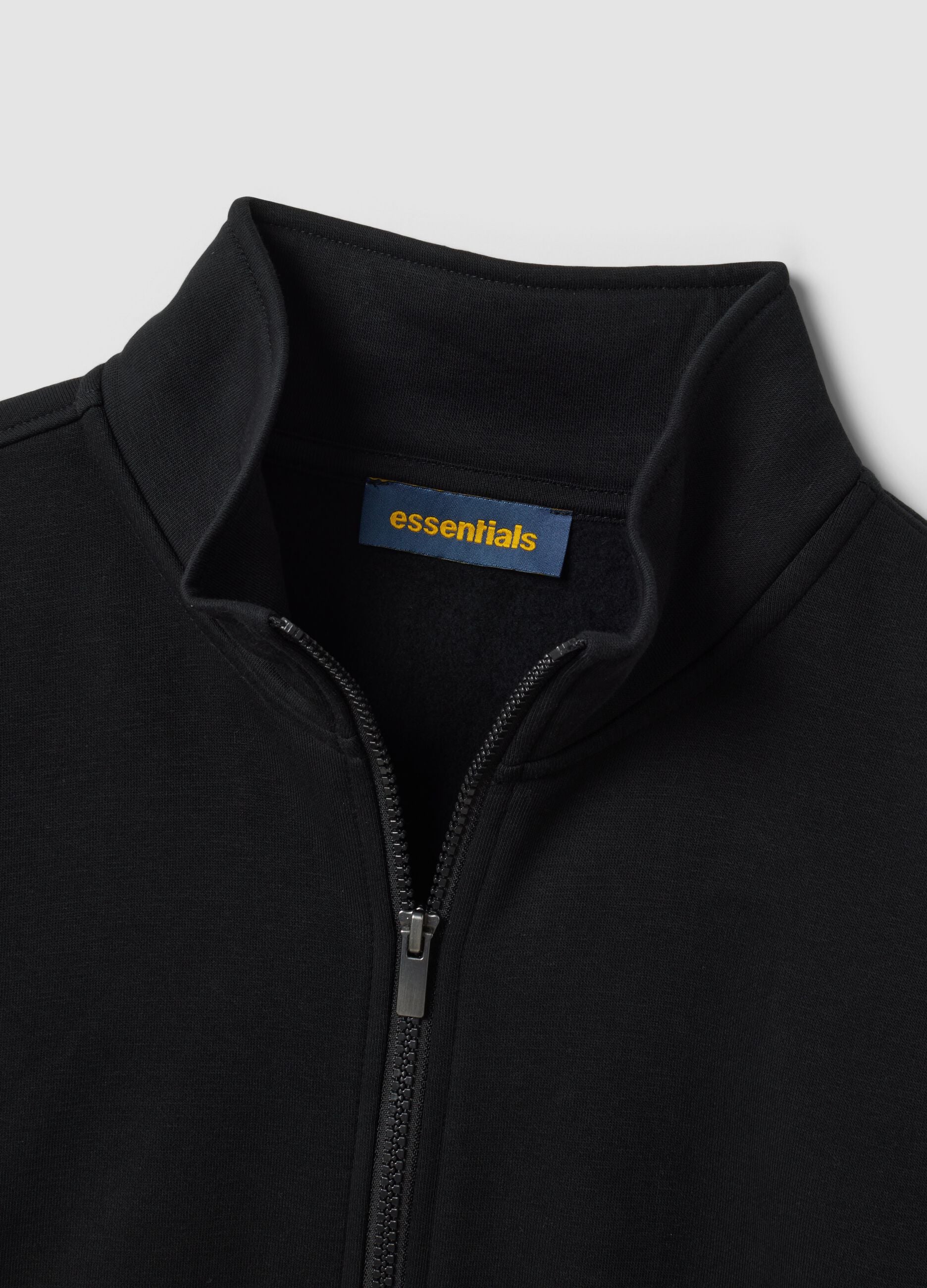 Black cotton-blend sweatshirt with crew neck and zip, regular fit