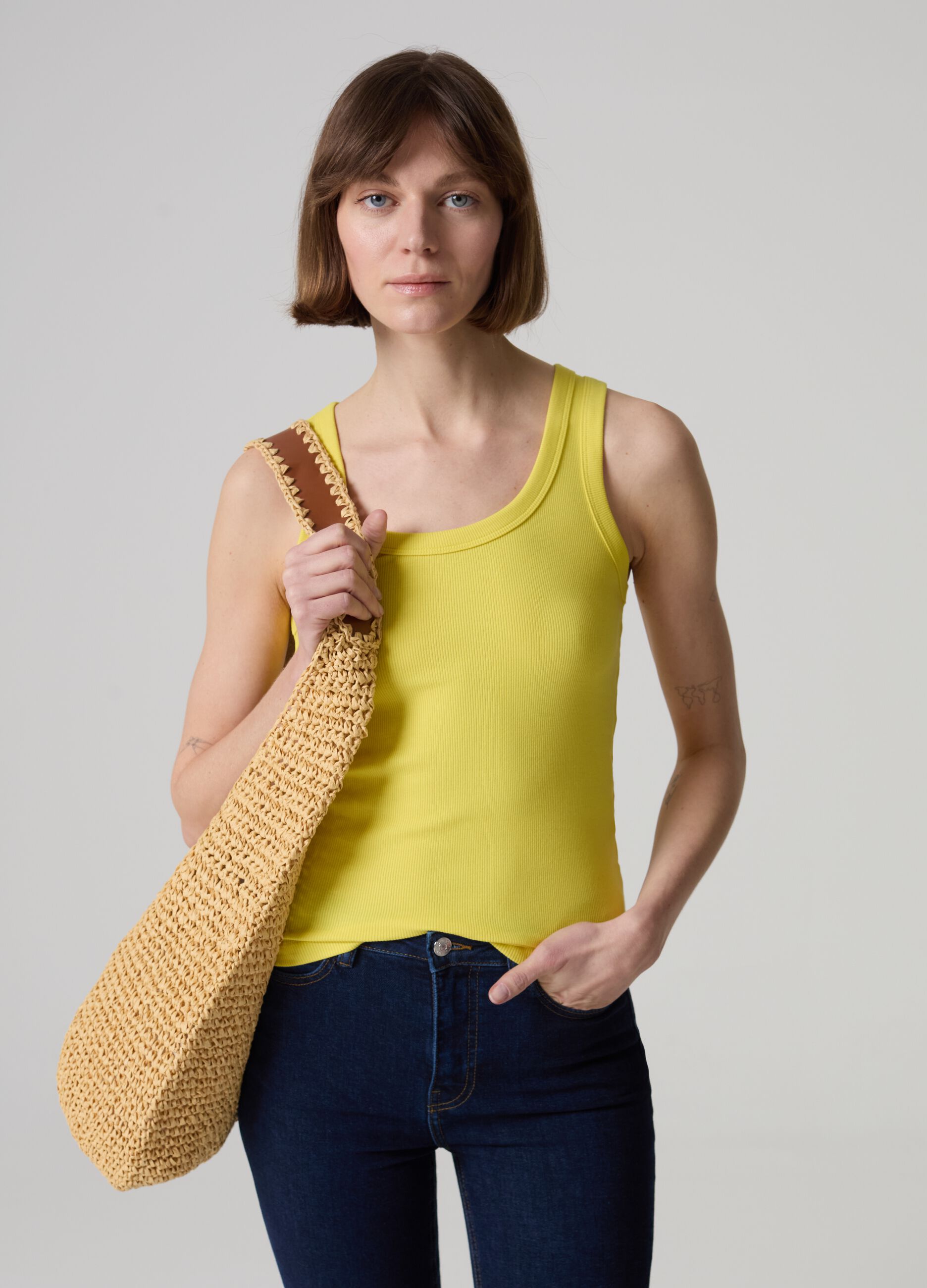 Tank top in ribbed stretch cotton