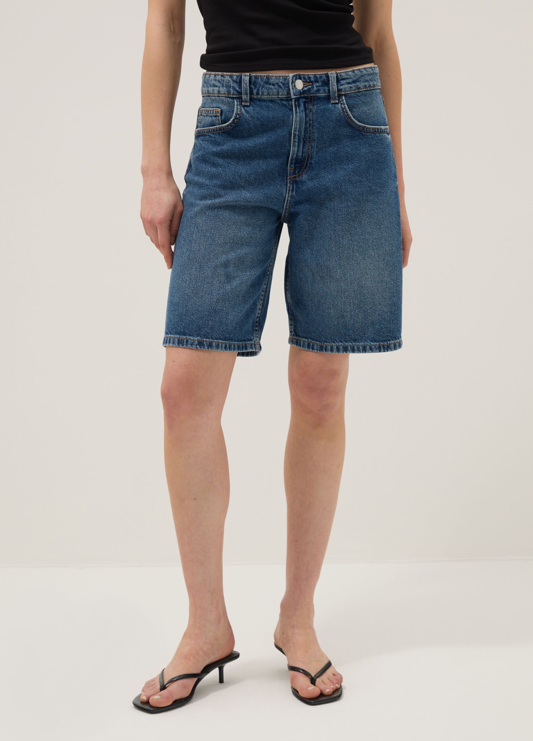 Dark blue denim pure cotton wide-leg shorts