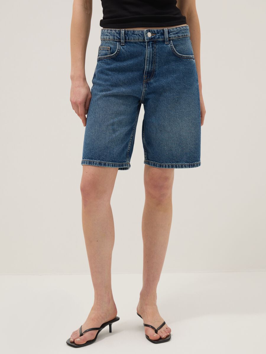 Dark blue denim pure cotton wide-leg shorts_1