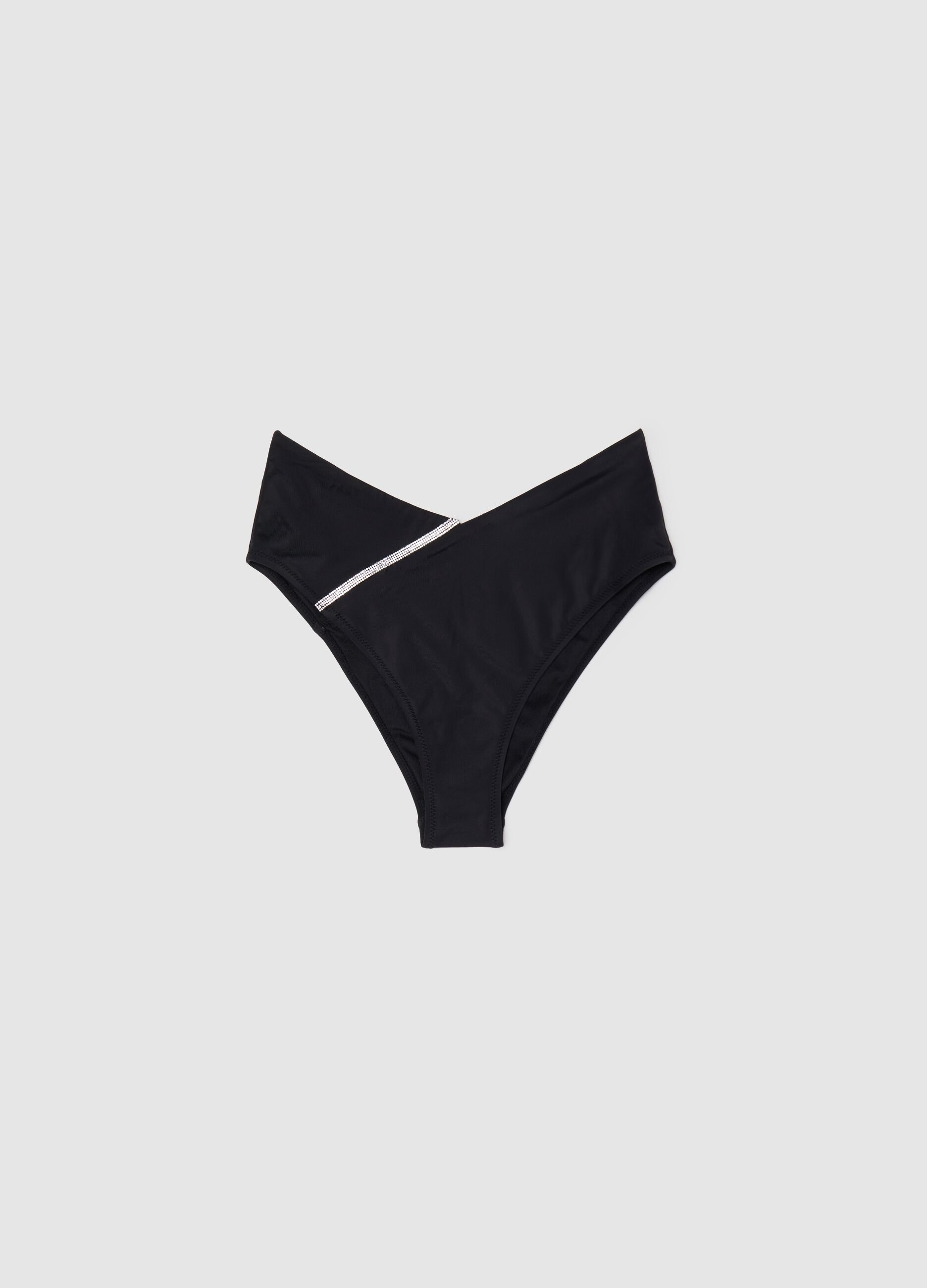 Slip bikini da donna in tessuto elasticizzato nero a vita alta con strass