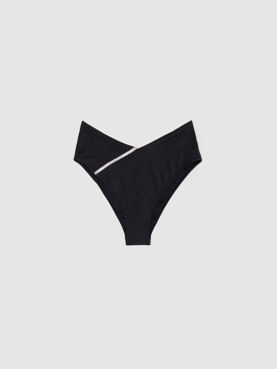 Women’s high-rise bikini briefs in black stretch fabric with diamanté details_0