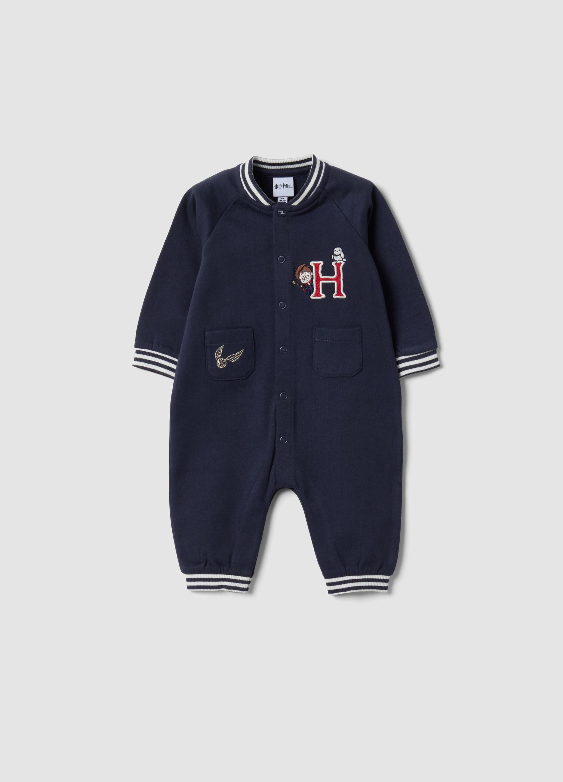 Black organic cotton babygrow with Harry Potter embroidery