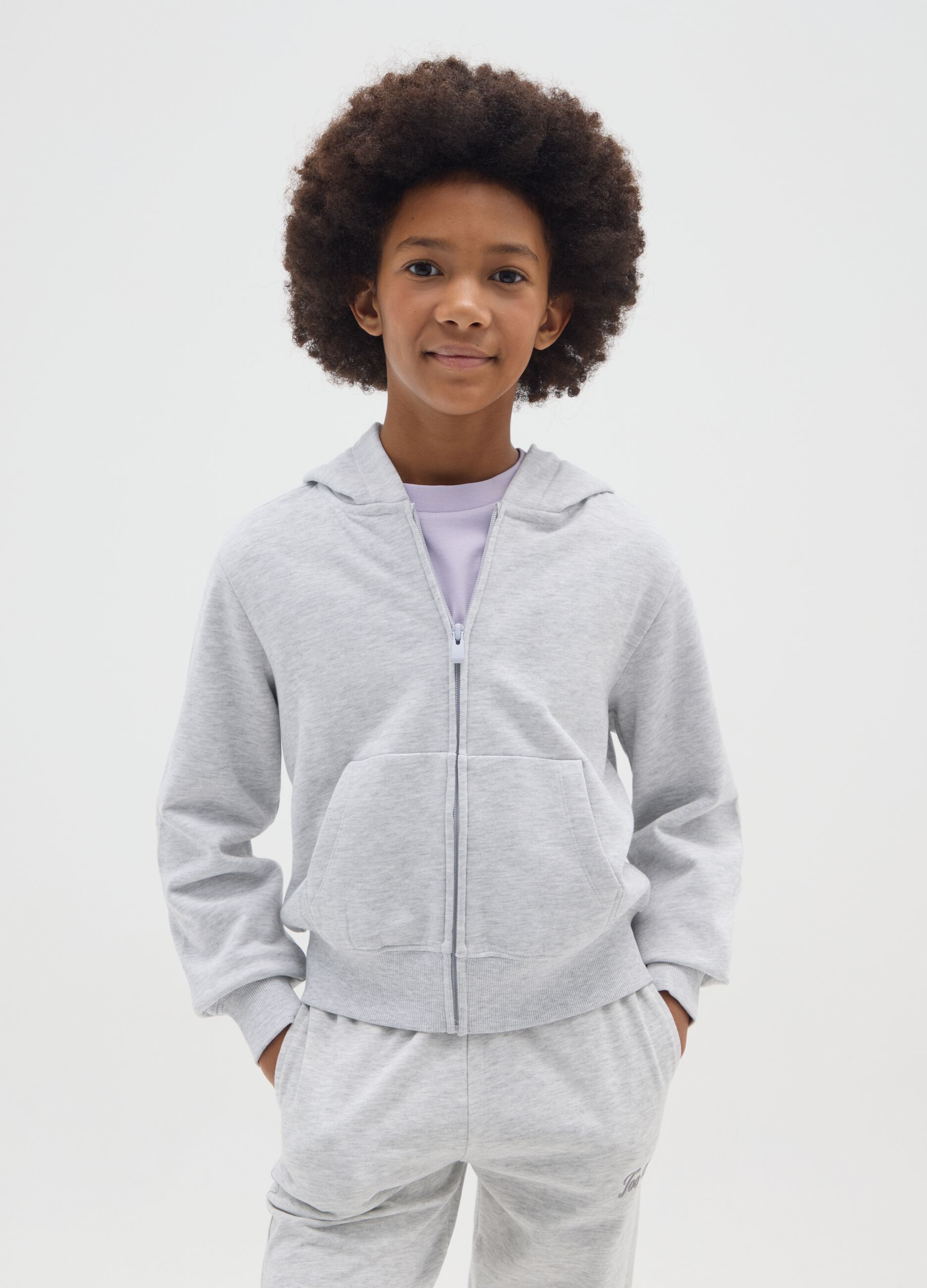 Girls' grey zip-up hoodie in pure cotton regular fit