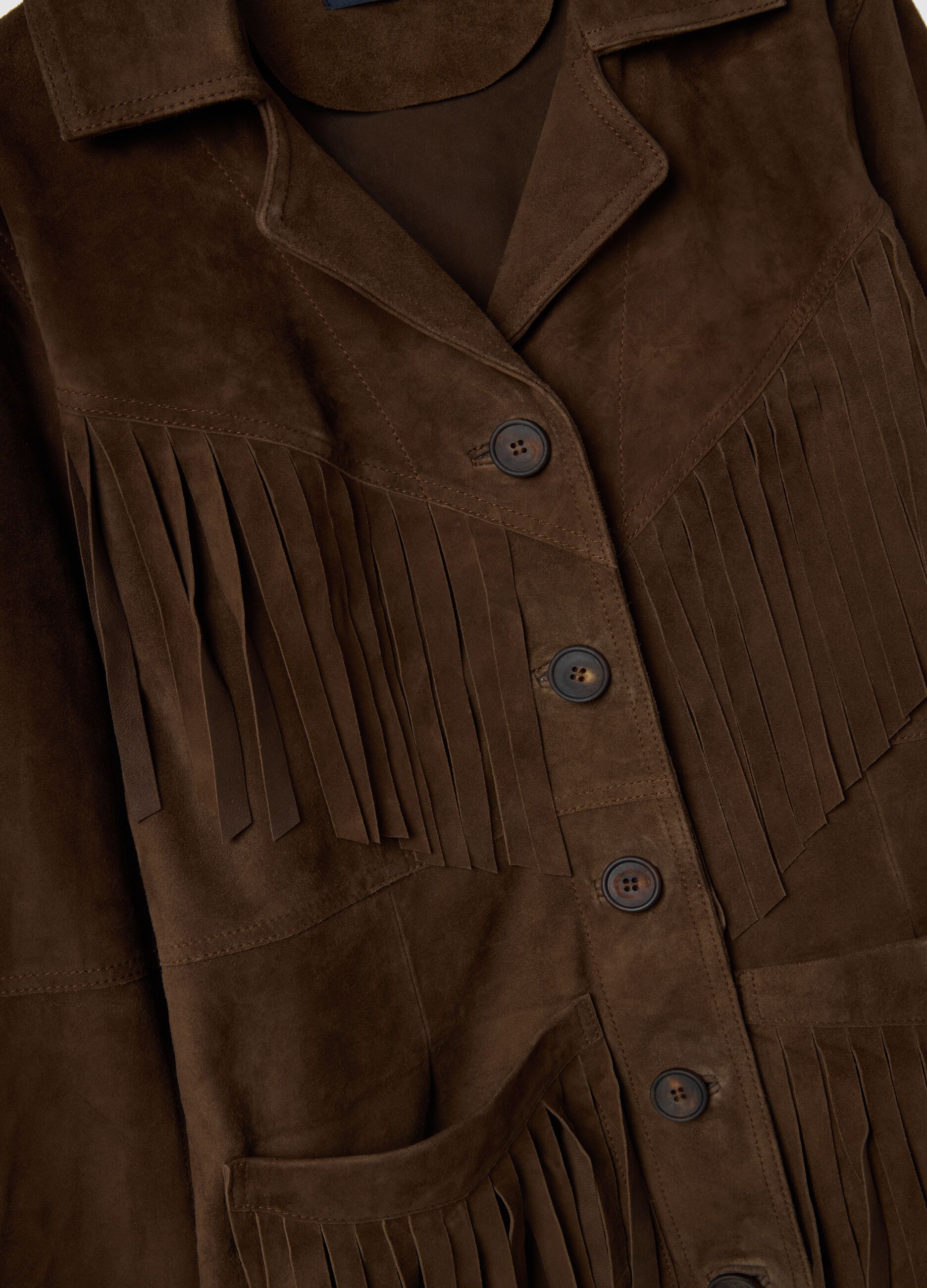 Giacca marrone in vera pelle con frange