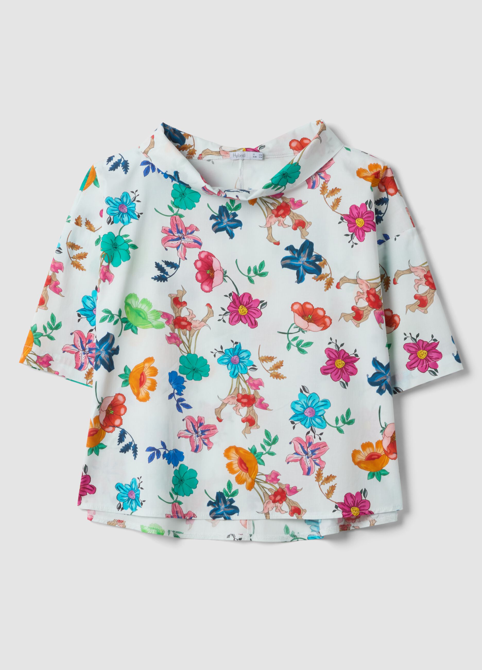 White stretch cotton top with floral print, regular fit