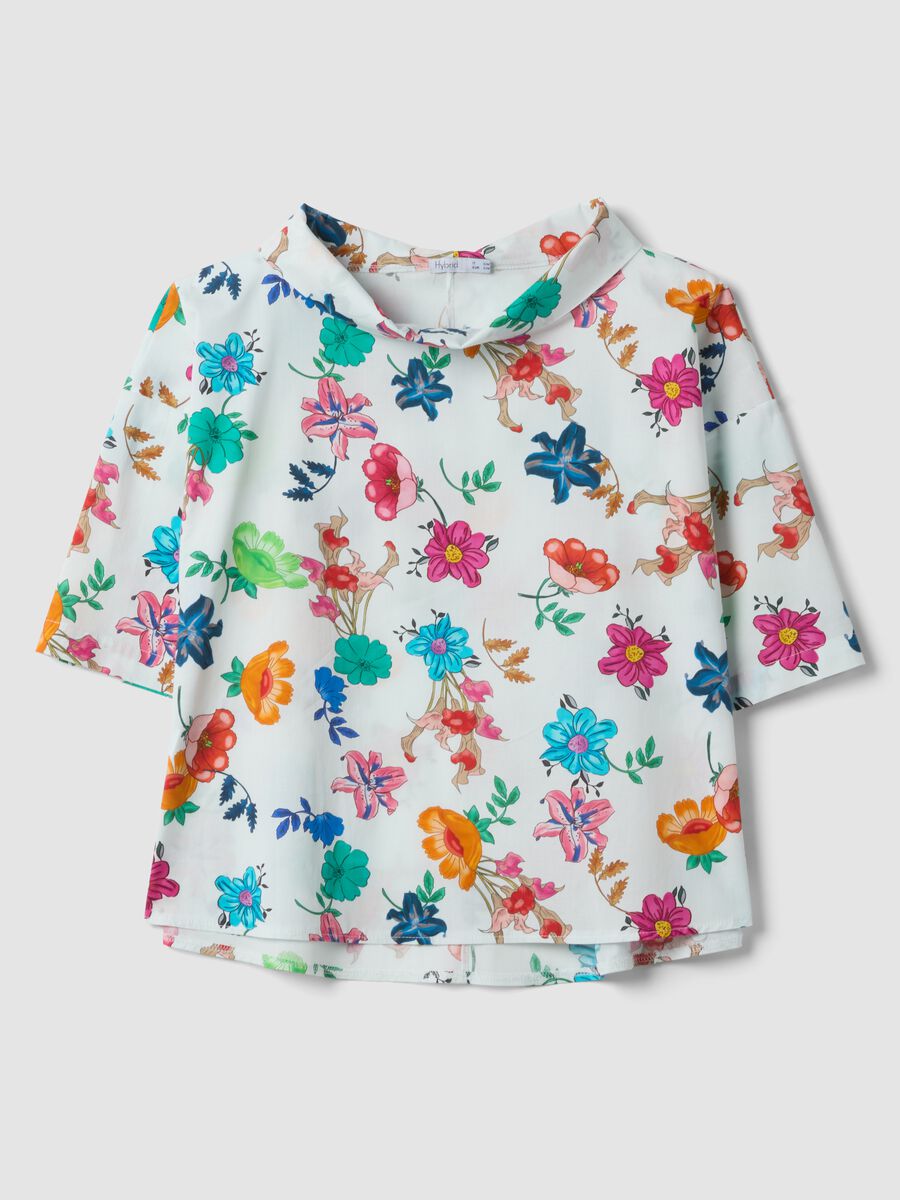 White stretch cotton top with floral print, regular fit_0