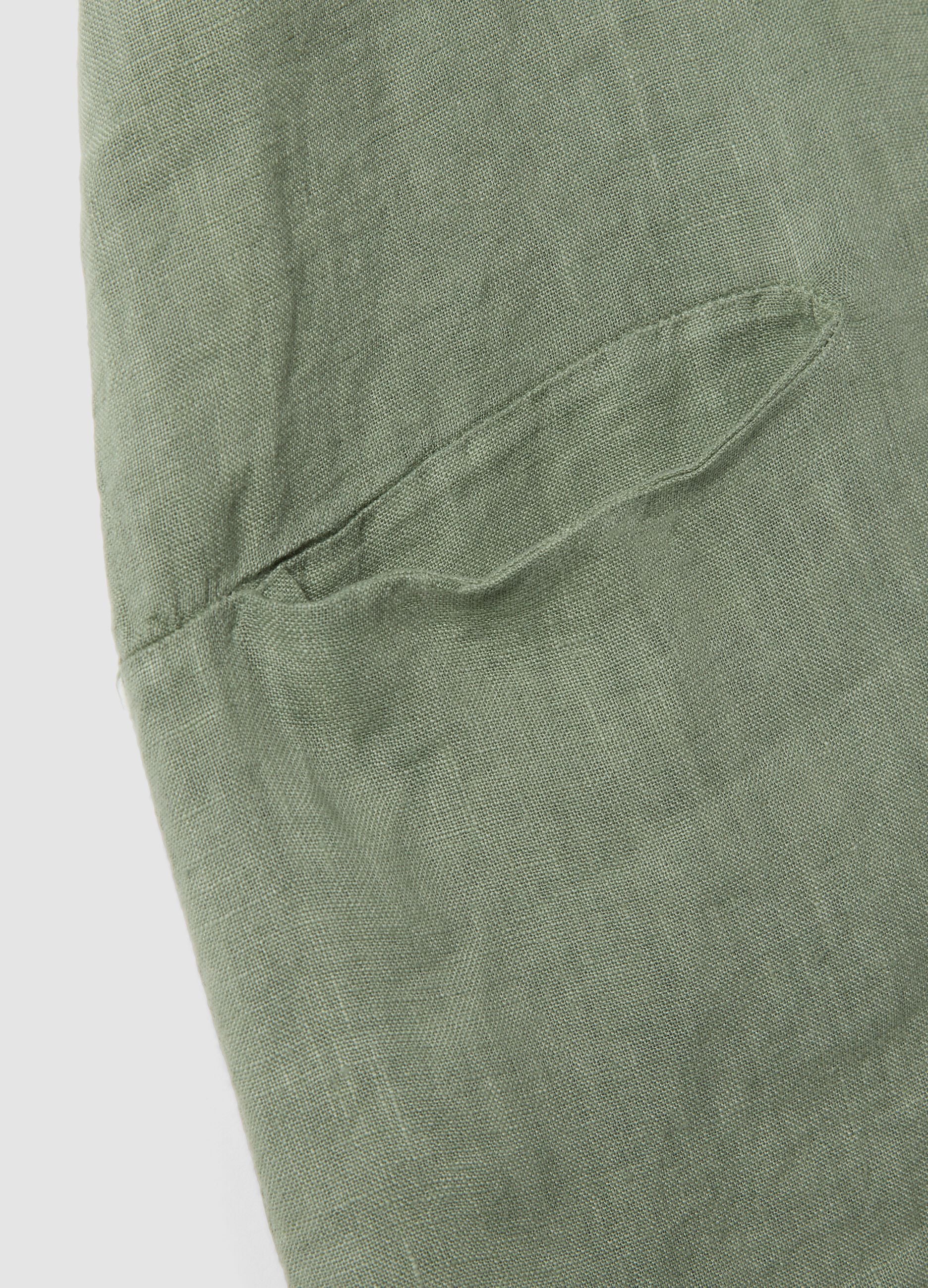 Green pure linen dress with patch pockets, regular fit