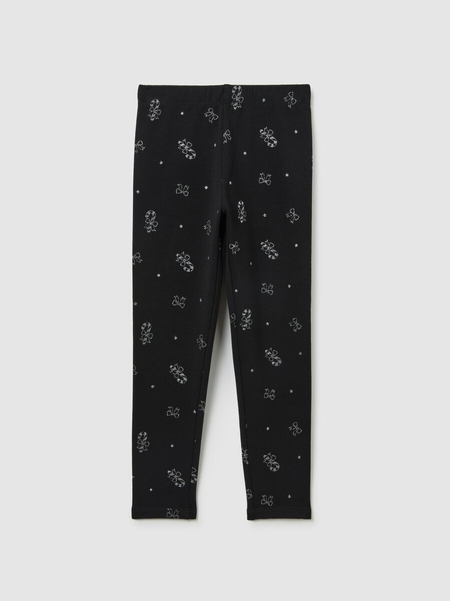 Leggings skinny neri da bambina in cotone elasticizzato con stampe_0