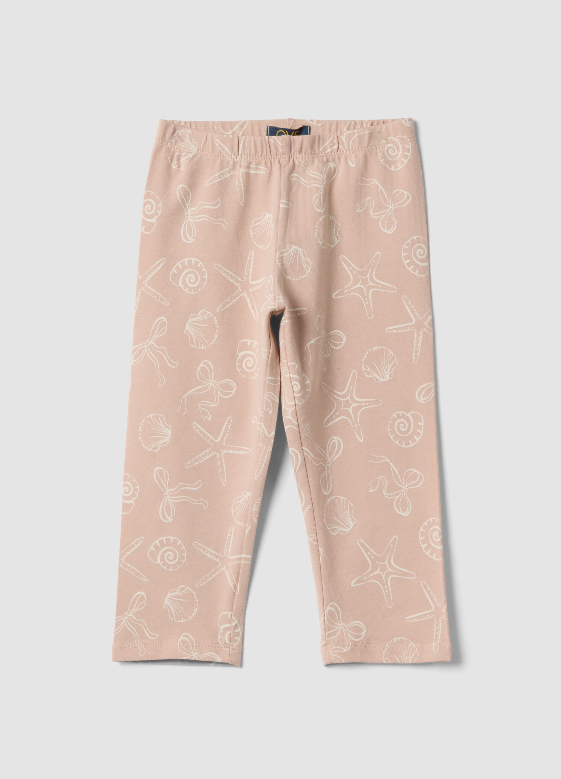 Pink organic cotton leggings with seaside print