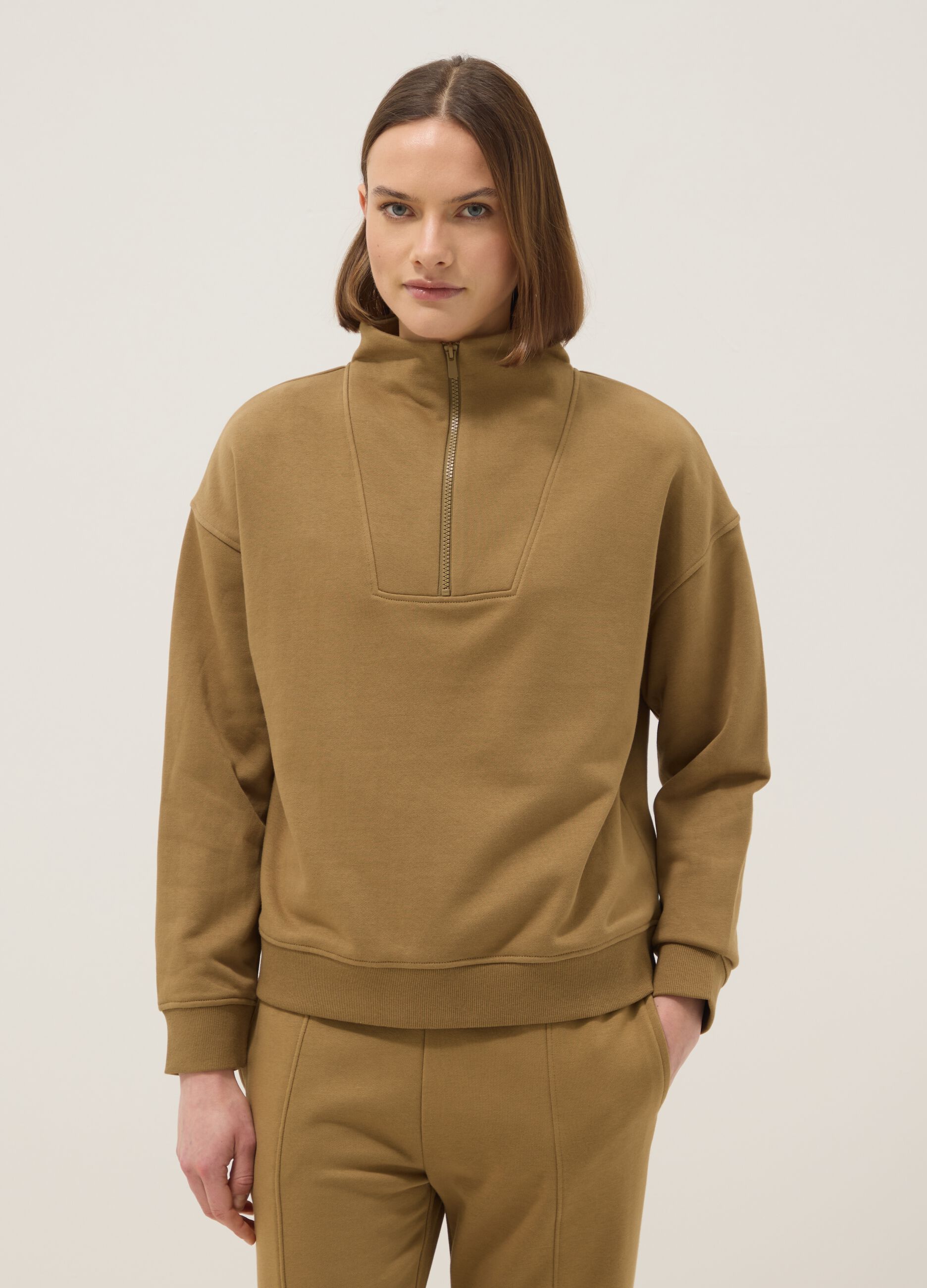 Brown cotton blend zip-up sweatshirt