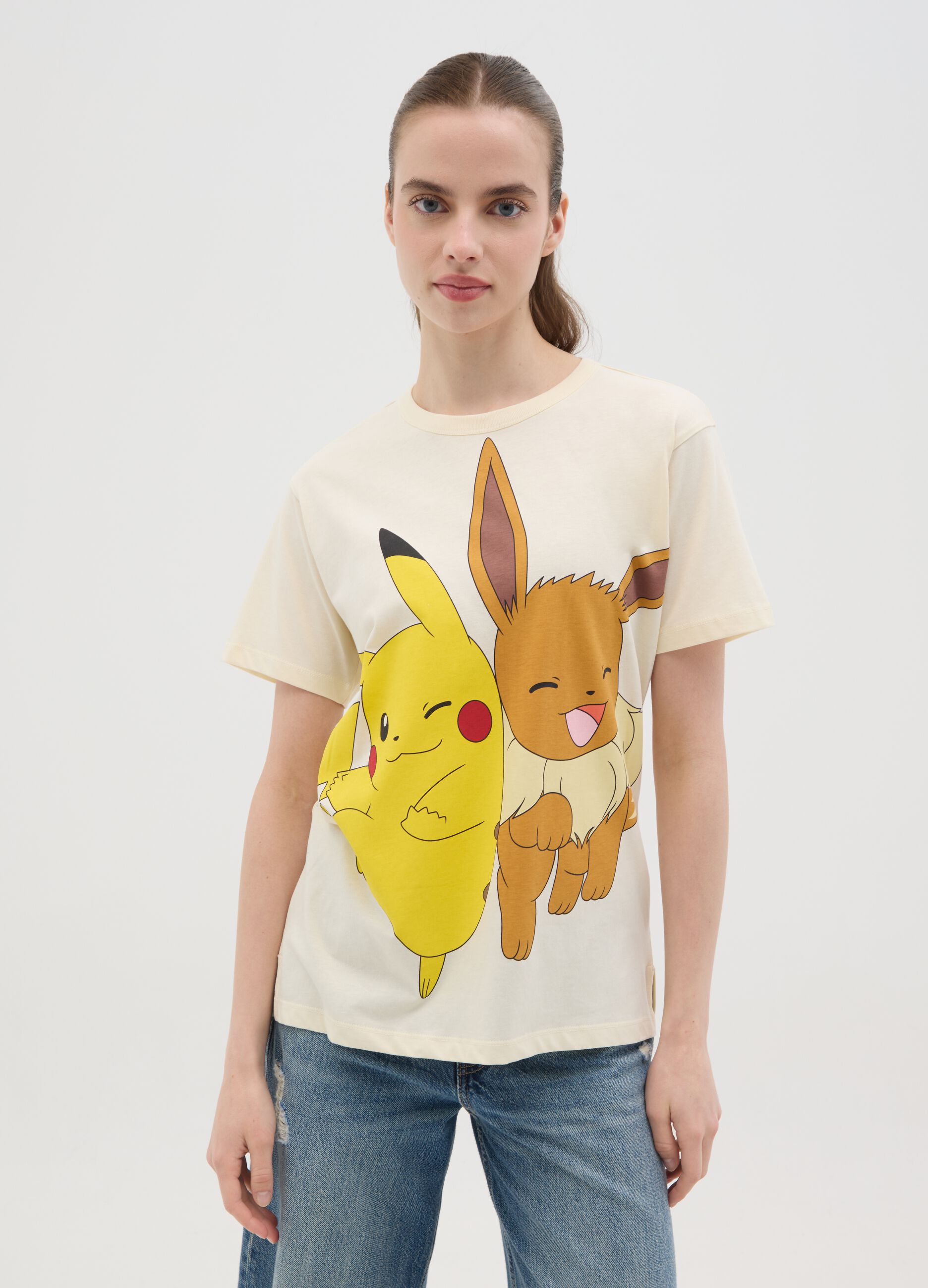 T-shirt bianca in cotone stampa Eevee e Pikachu