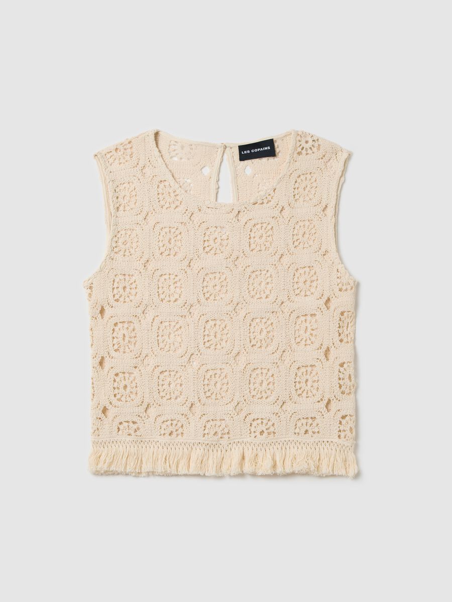 Tank top crochet con frange beige_0