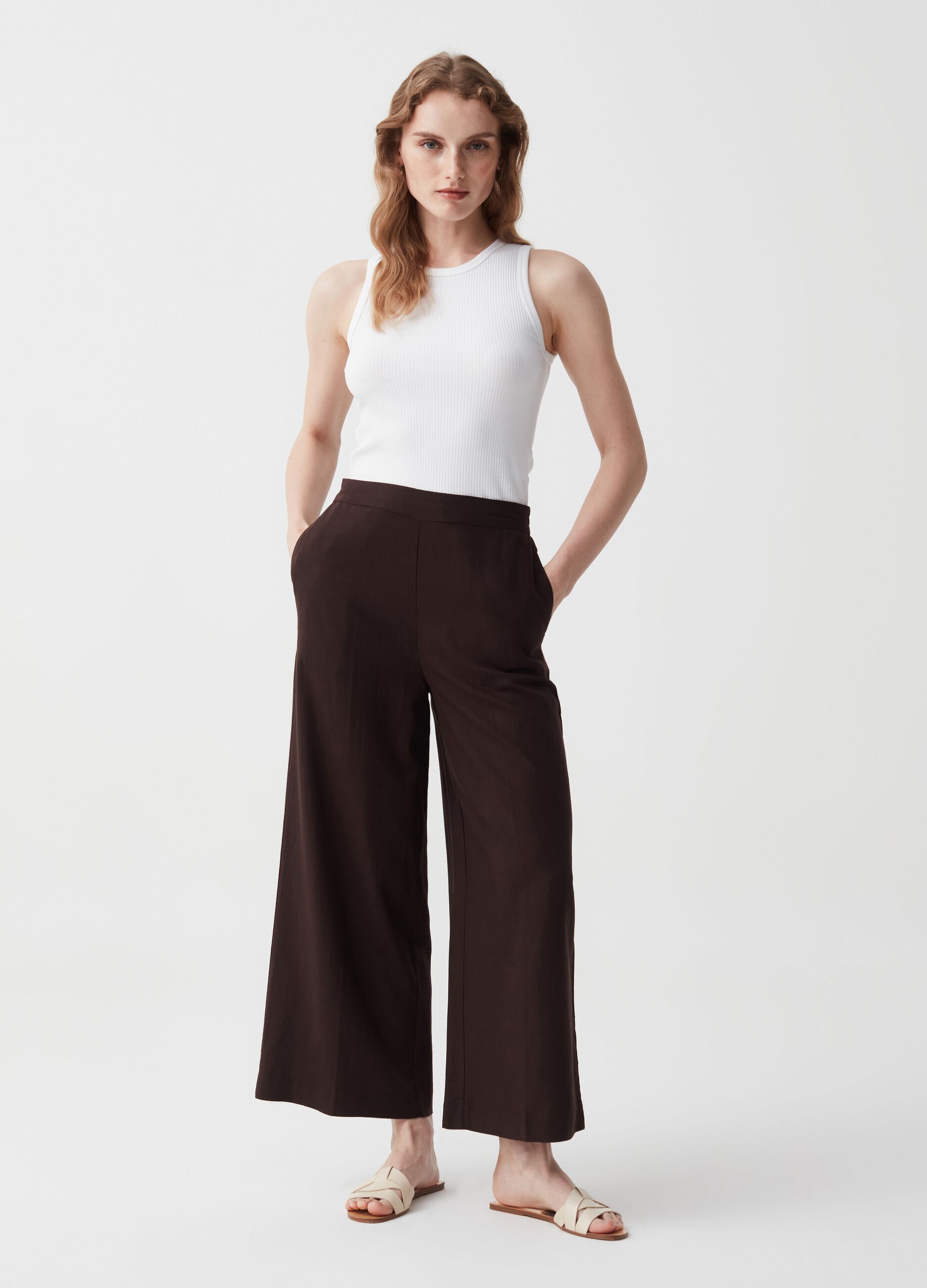 Pantalone wide leg in lino e viscosa