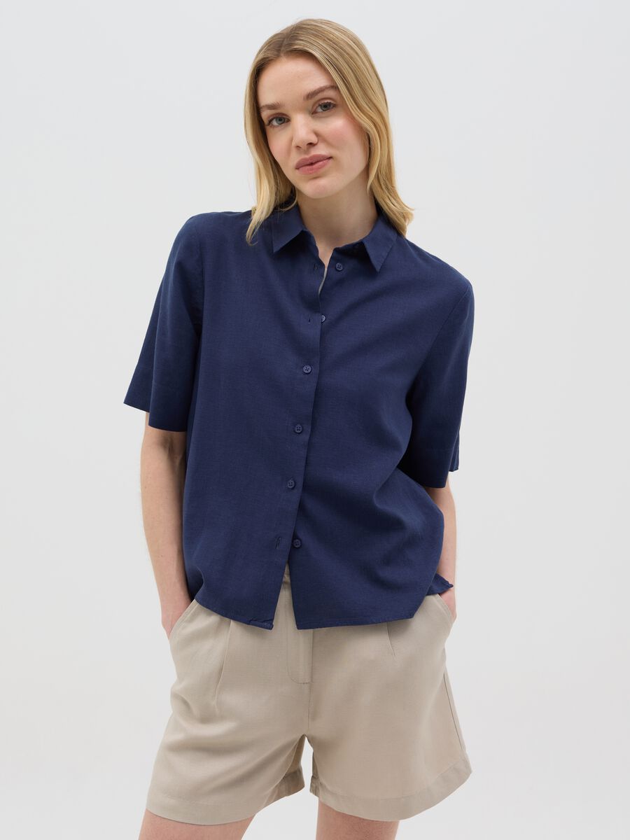 Women’s blue regular-fit shirt in linen and viscose_0