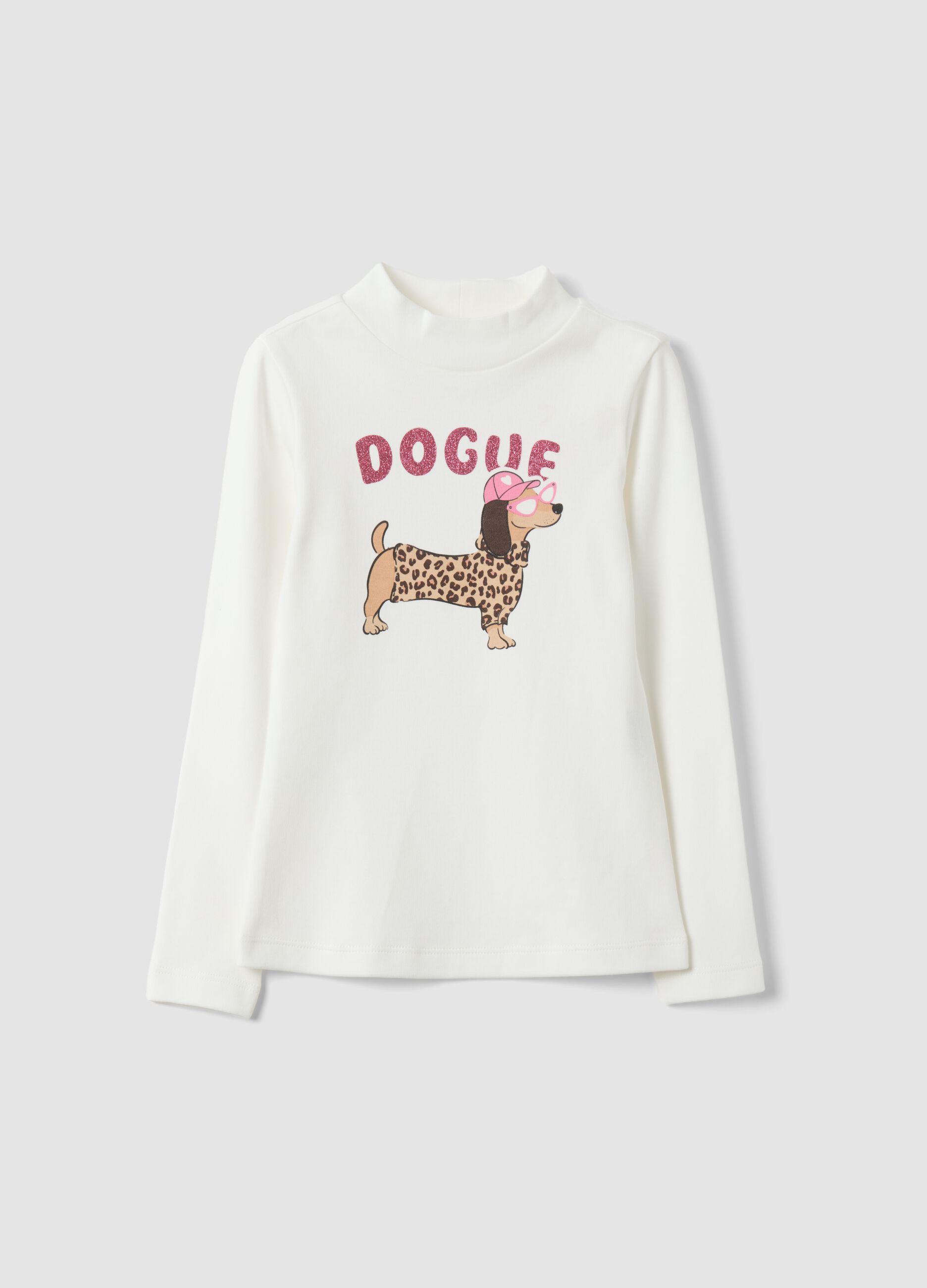 T-shirt bianca in puro cotone organico con collo rialzato e stampa cagnolino