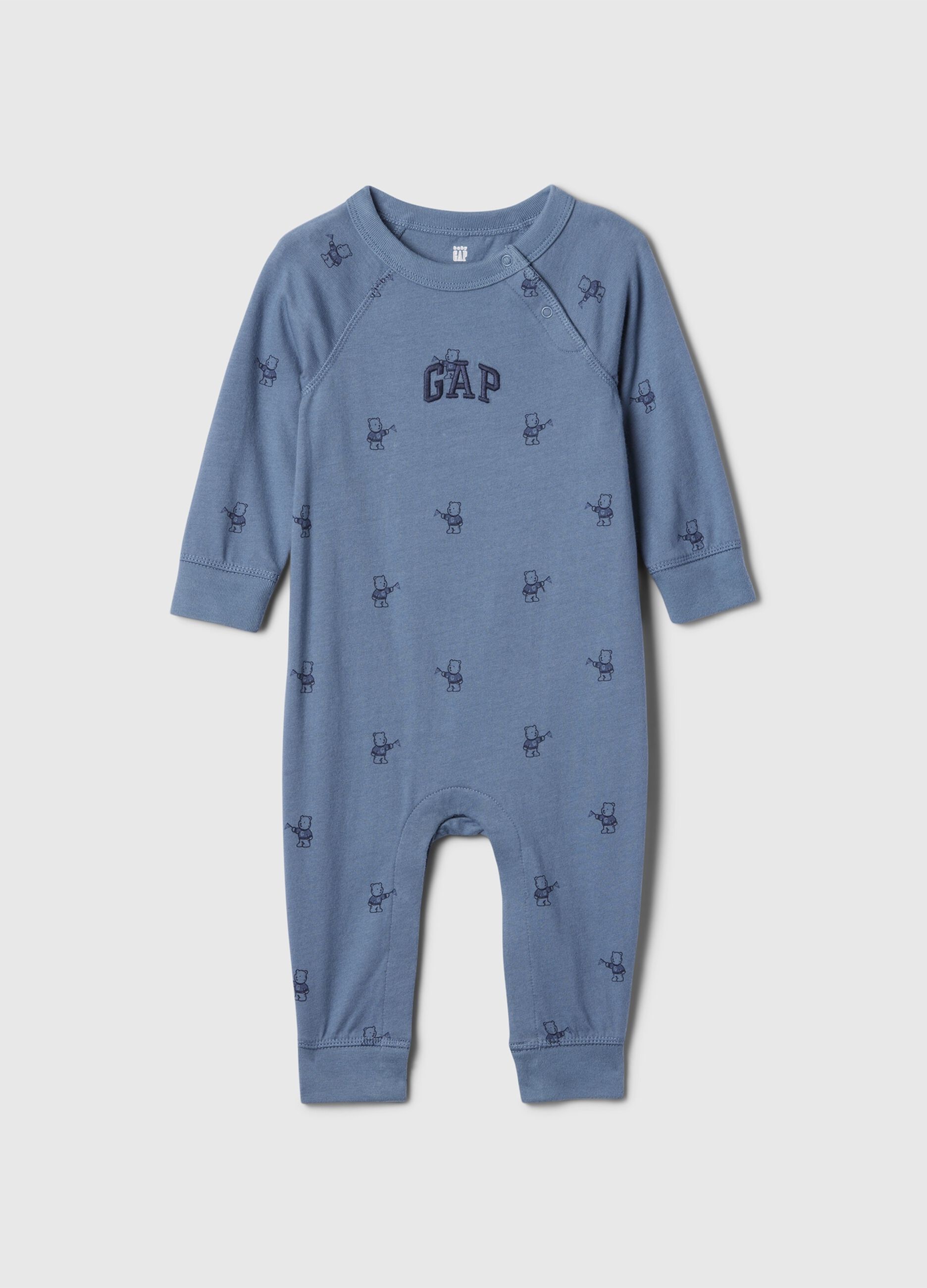 Jersey onesie with teddy bear print and logo embroidery