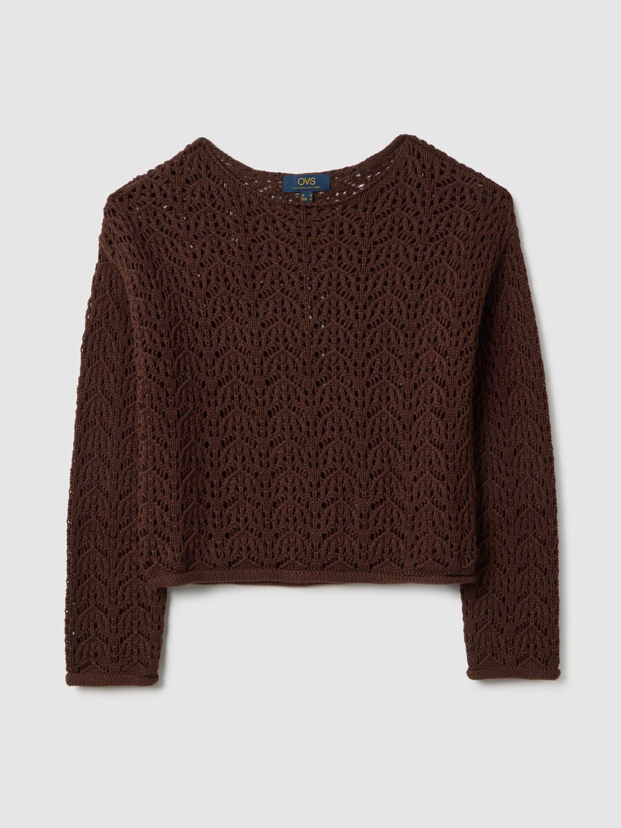 Brown pure cotton sweater with perforated pattern, regular fit_4