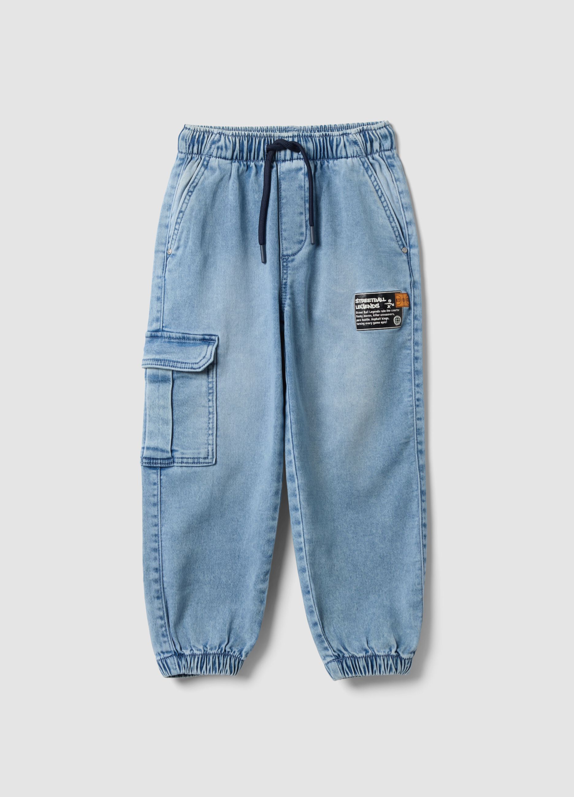 Light blue denim jogger trousers in stretch cotton for boys, relaxed fit