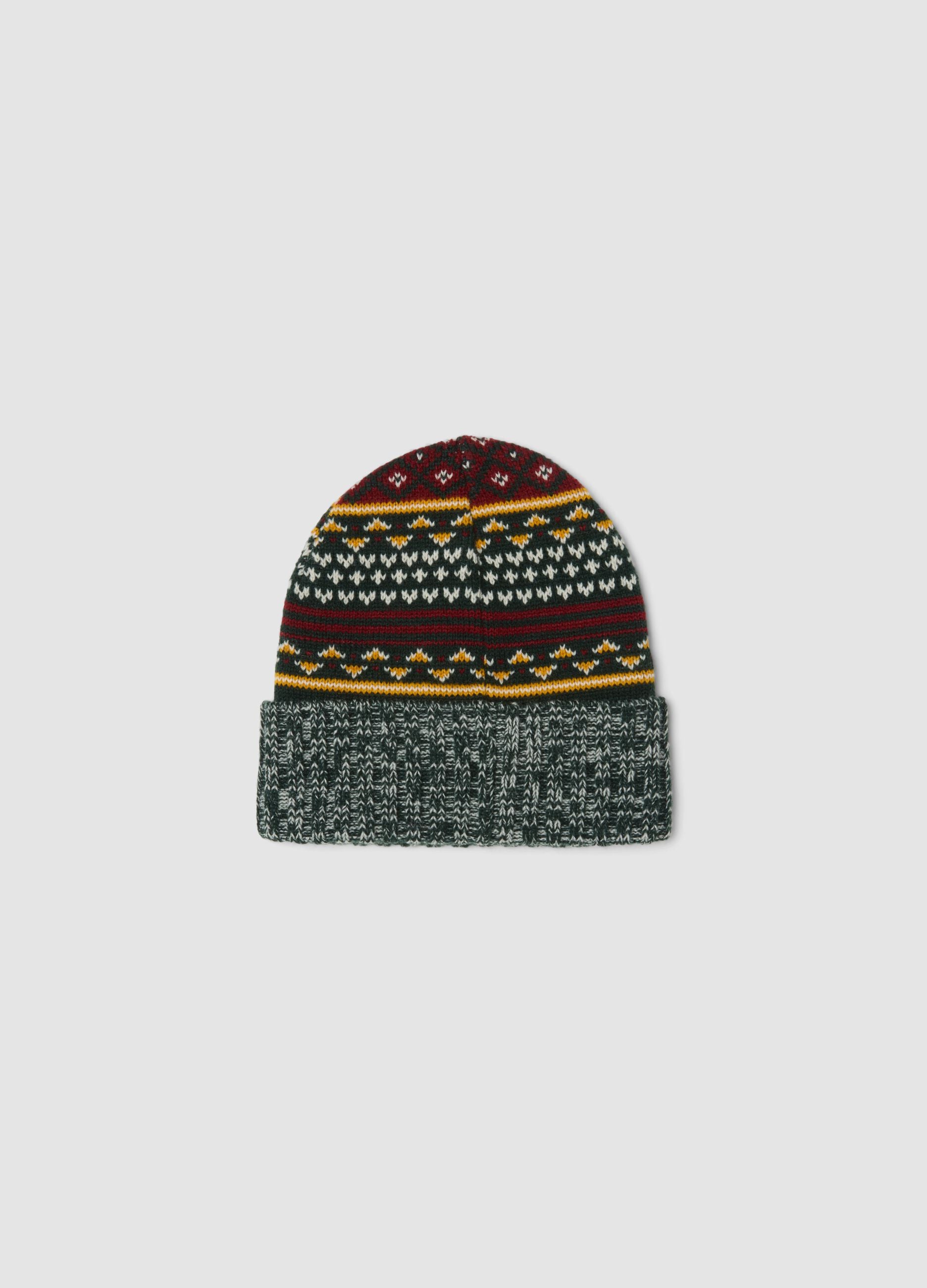 Multicolour beanie with jacquard pattern and embroidery