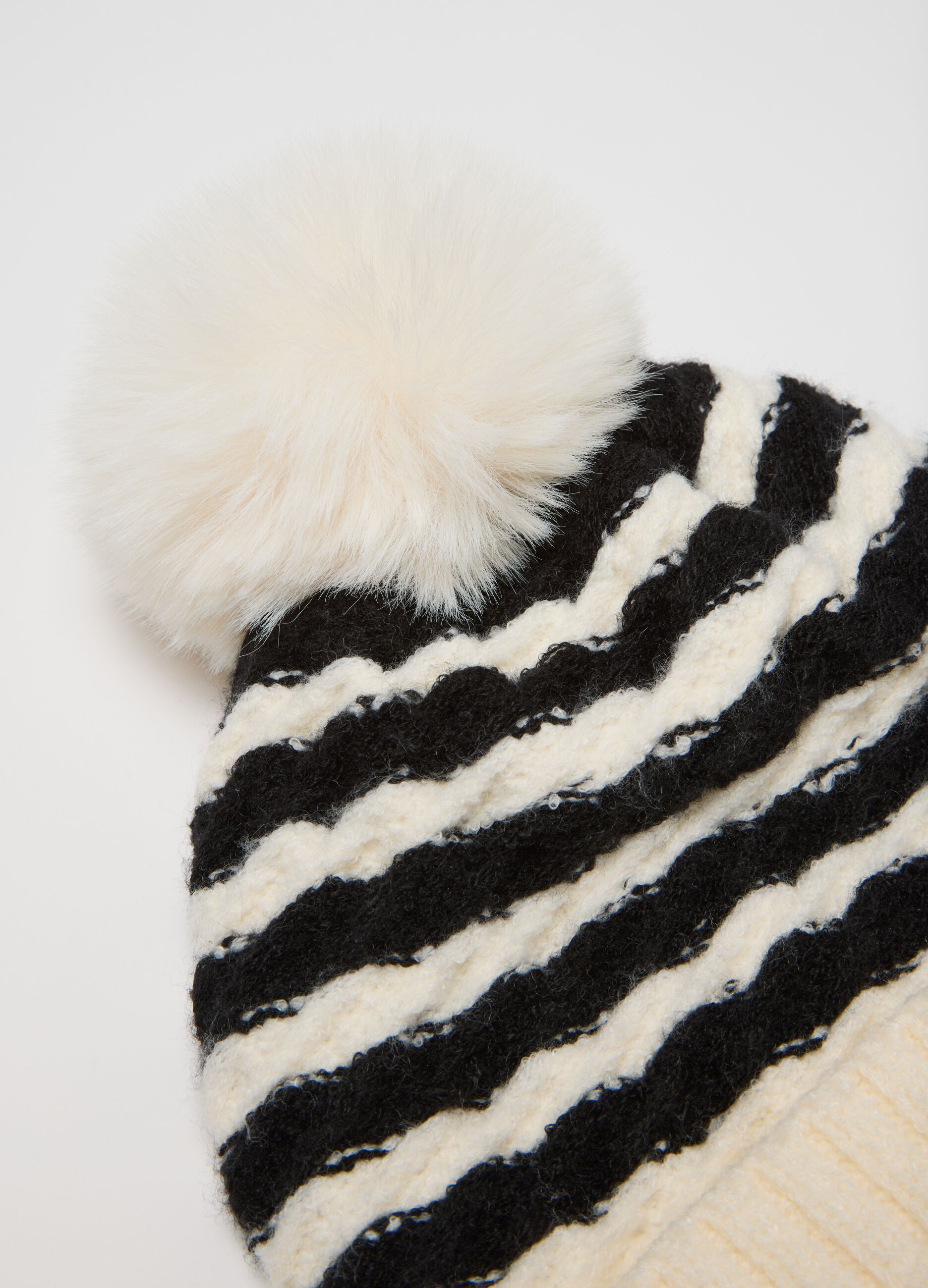 Girl's Black and White Striped Hat with Pom Pom