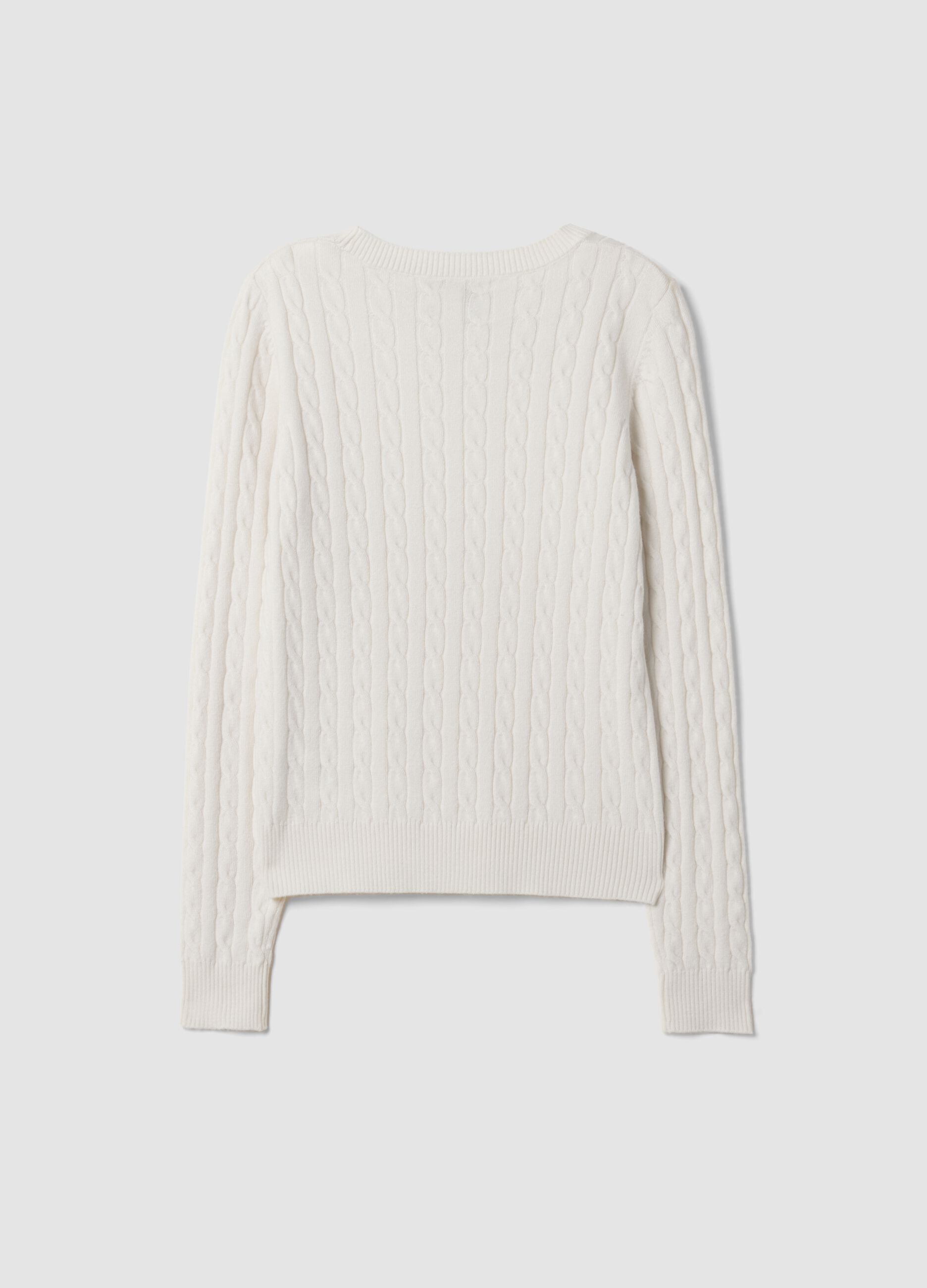 White cable-knit crew-neck jumper, regular fit